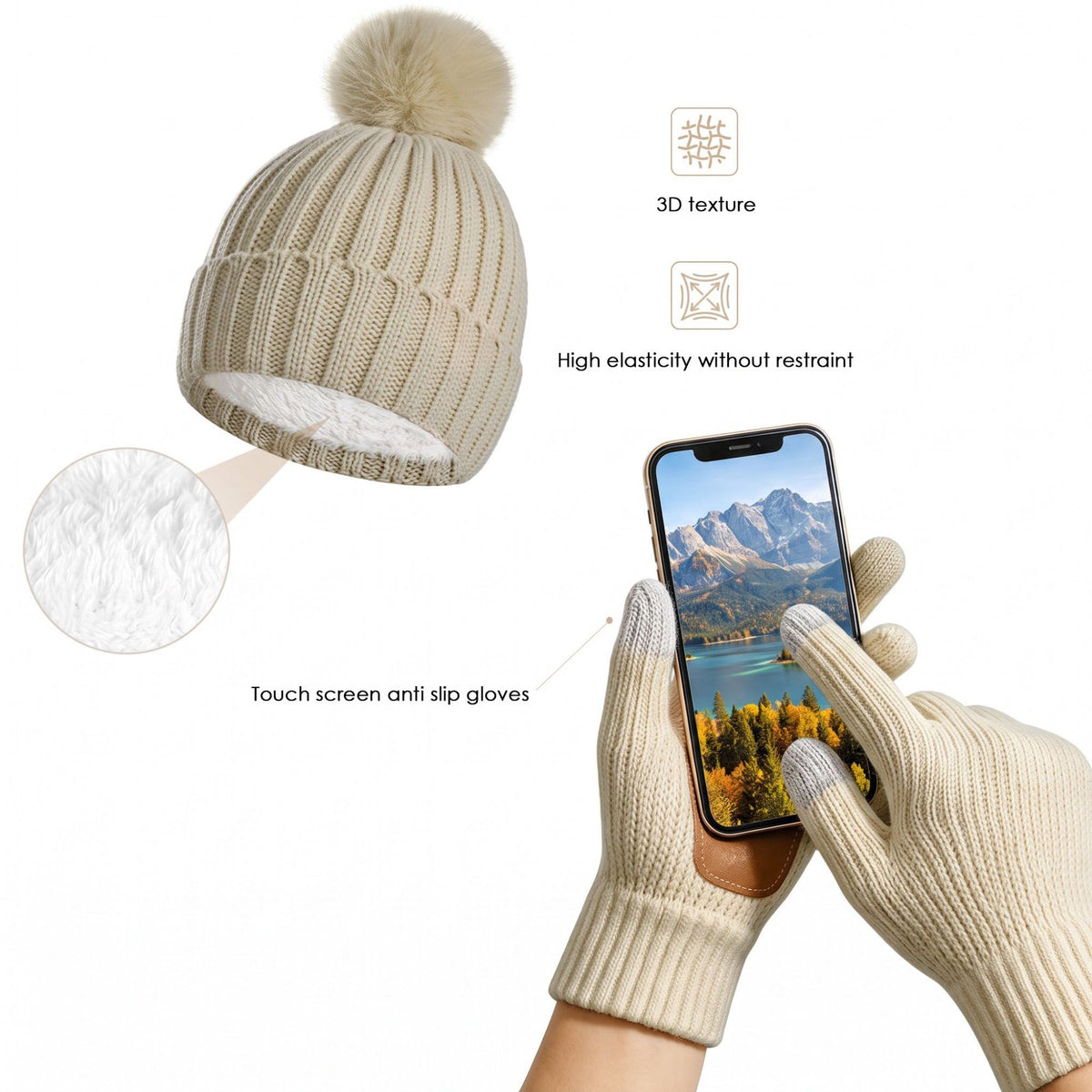 3 Piece Pom Beanie Scarf and Touchscreen Gloves Winter Set