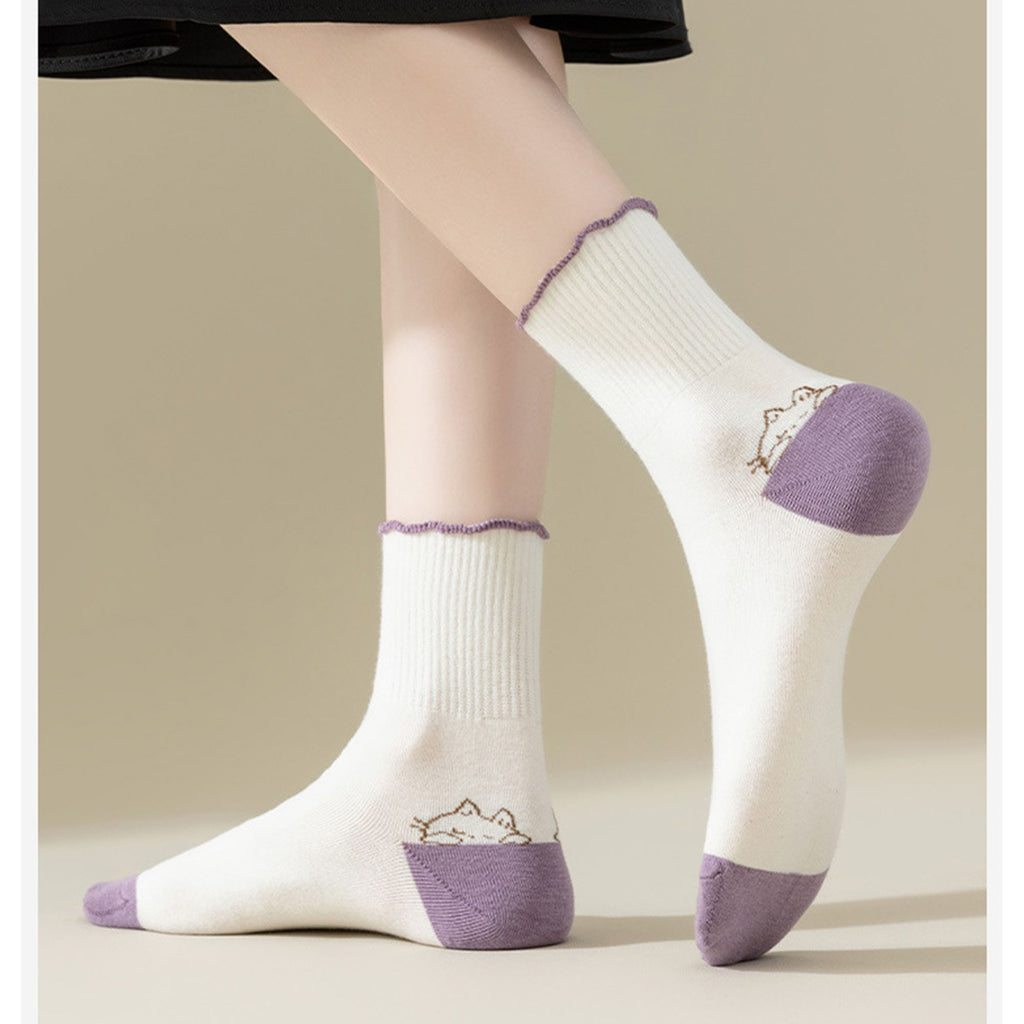 Anna-Kaci 4 Pairs Mid-Crew Ruffle Trim Socks with Contrast Toe Heel and Cat Embroidery Design