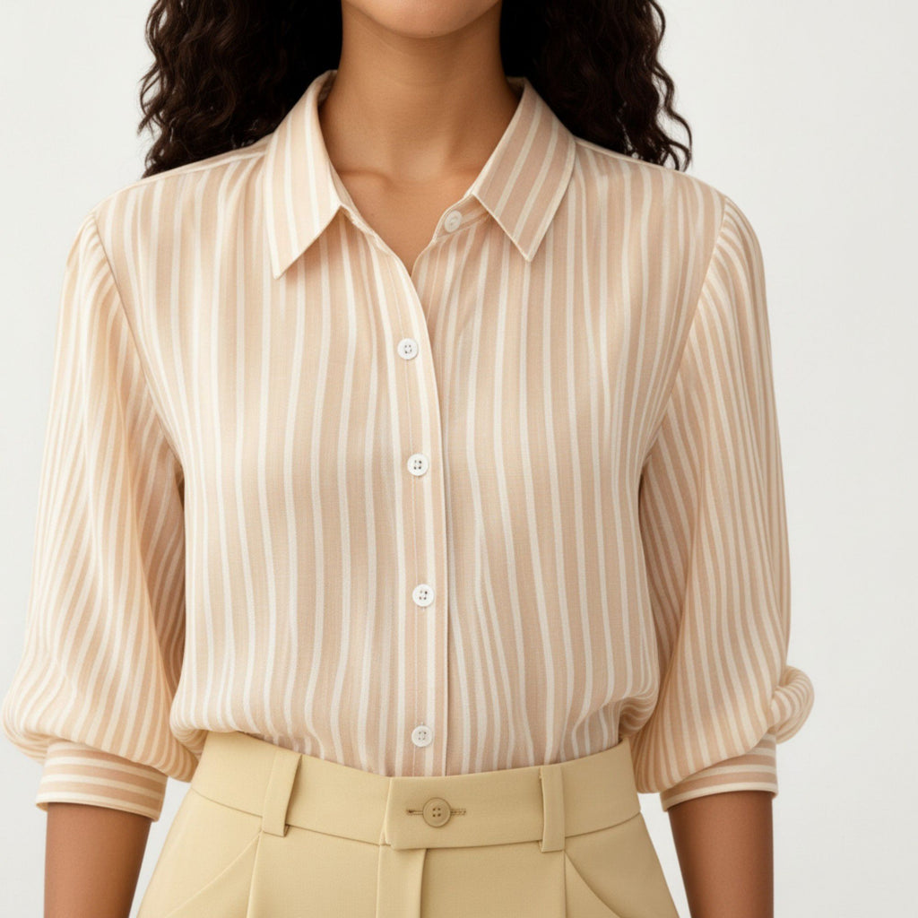 Anna-Kaci Women's Striped Button Down Blouse with Collared Neckline and Puff Sleeves