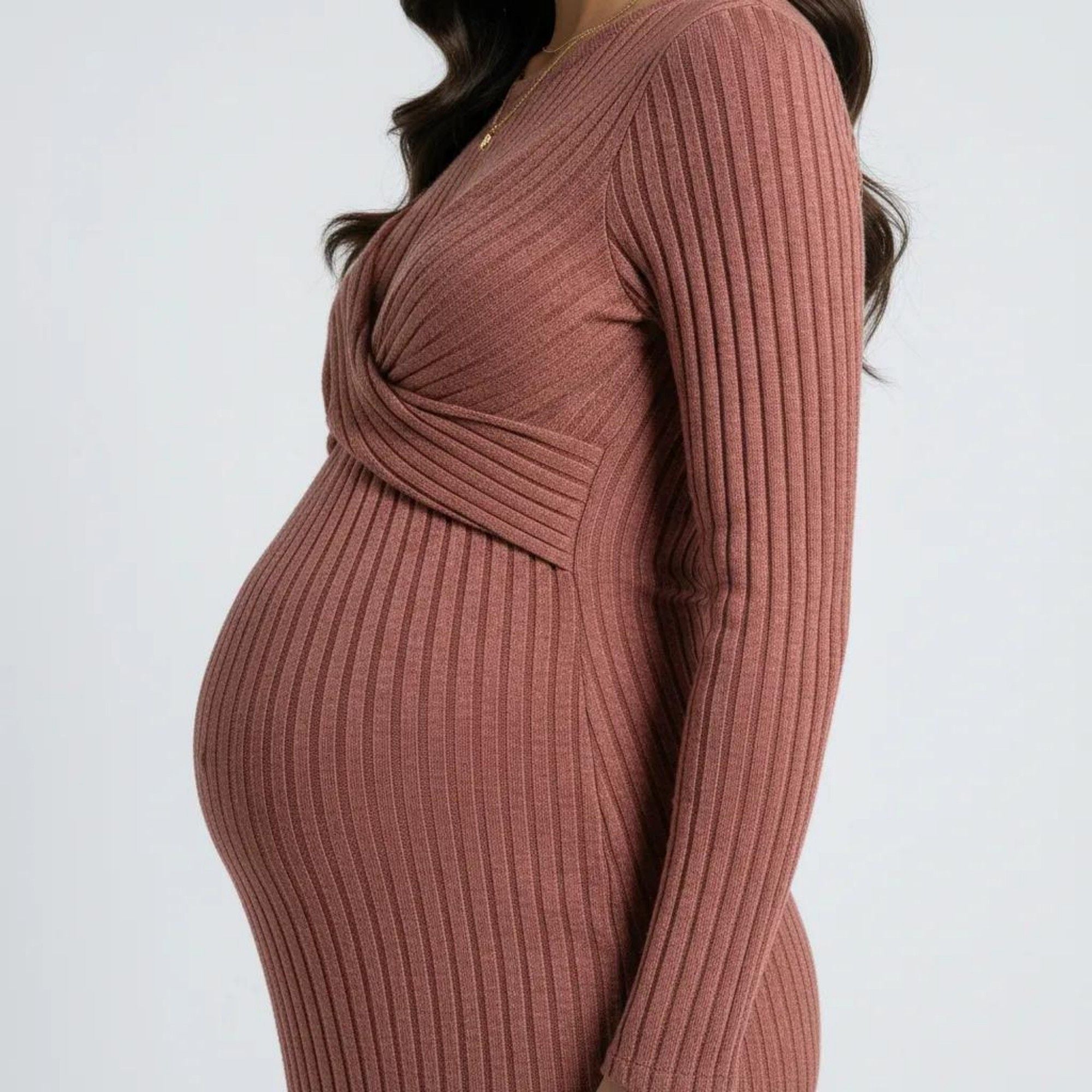 Anna-Kaci Women's Ribbed Knit Bodycon Maternity Dress - Long Sleeve Twist Front Stretch Midi