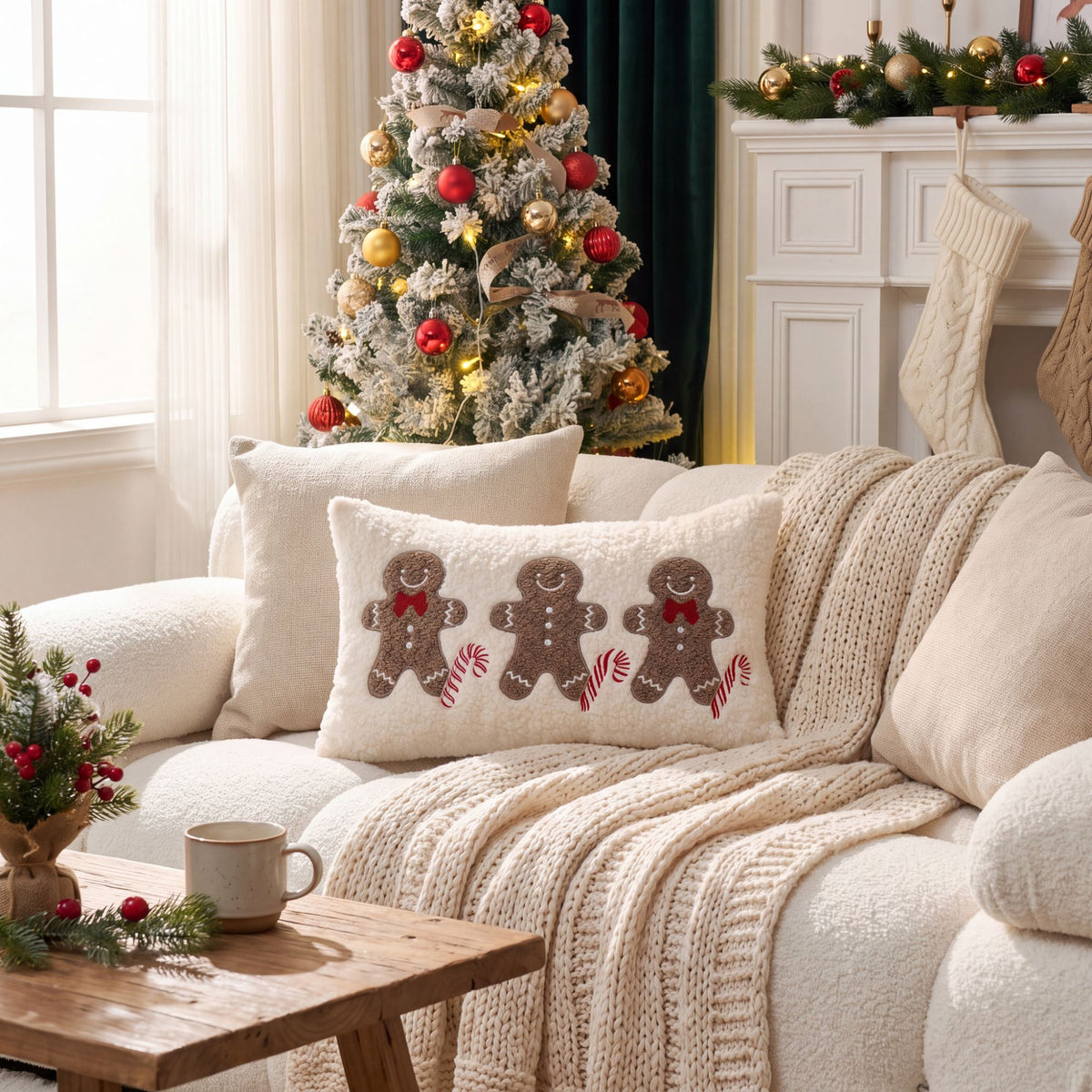 Christmas Plush Textured Lumbar Pillow Cover Gingerbread Snowflake Holiday Decor for Sofa Bed