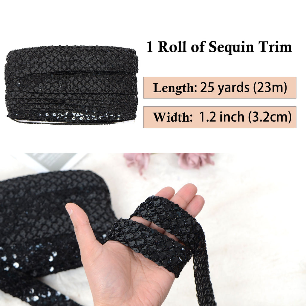 Sewing Sequin Trim 1.2 Inch 6 Row, 25 Yards Glitter Sequin Strip Ribbon Metallic Stretch Bling Fabric DIY Craft Decoration