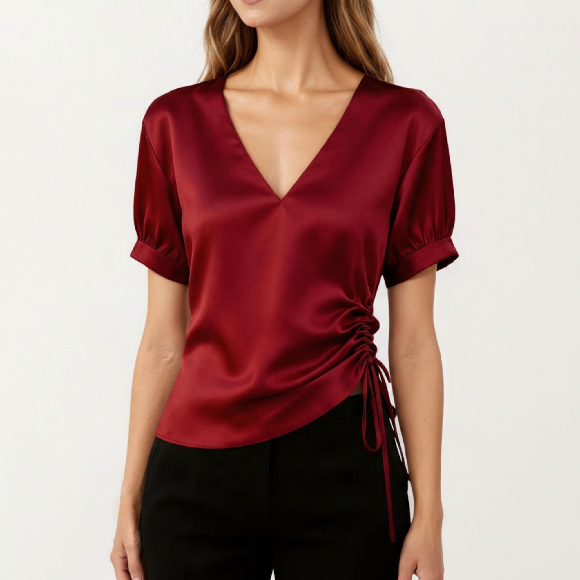 Anna-Kaci Women's Satin V Neck Blouse with Puff Sleeves and Side Ruched Drawstring