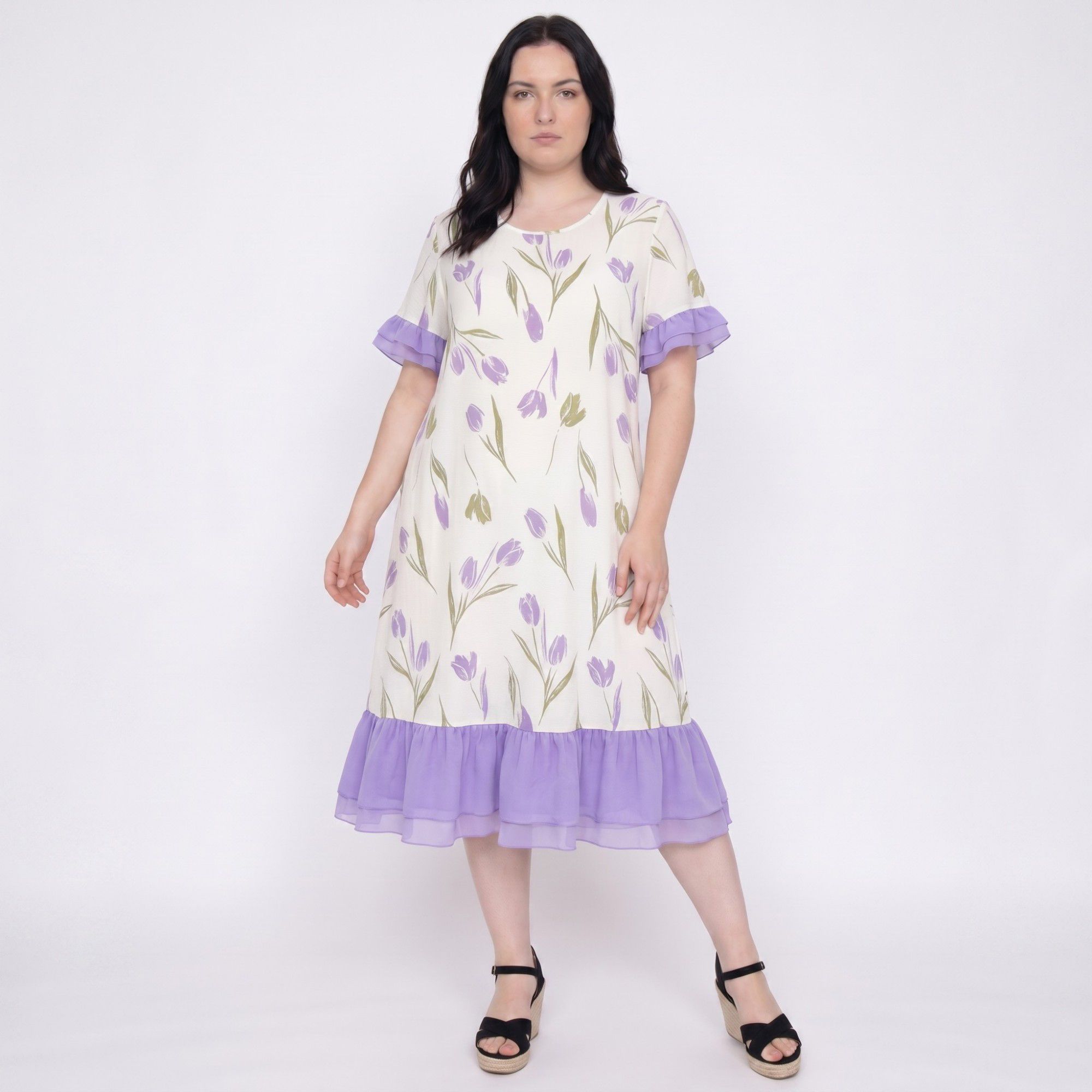 Short Sleeve Floral Midi Nightgown Ruffle Trim Relaxed Sleep Dress
