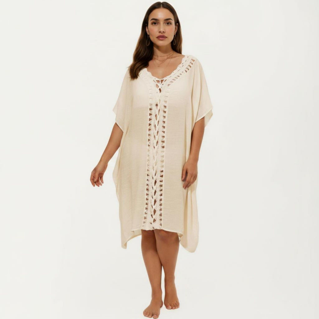 Anna-Kaci Women's Swim Cover Up Kaftan Dress with Crochet Cutout Trim Loose Short Sleeves Relaxed Midi Fit