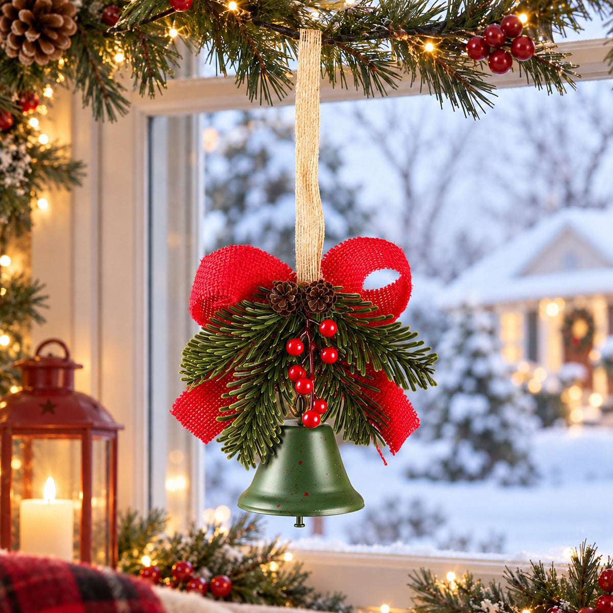 Christmas Bell Ornament with Bow Pinecones Berries and Greenery