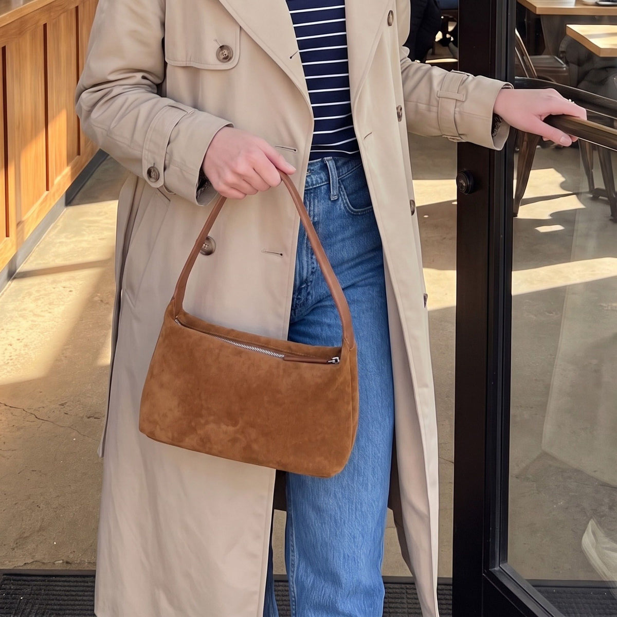 Faux Suede Shoulder Bag with Zipper Closure