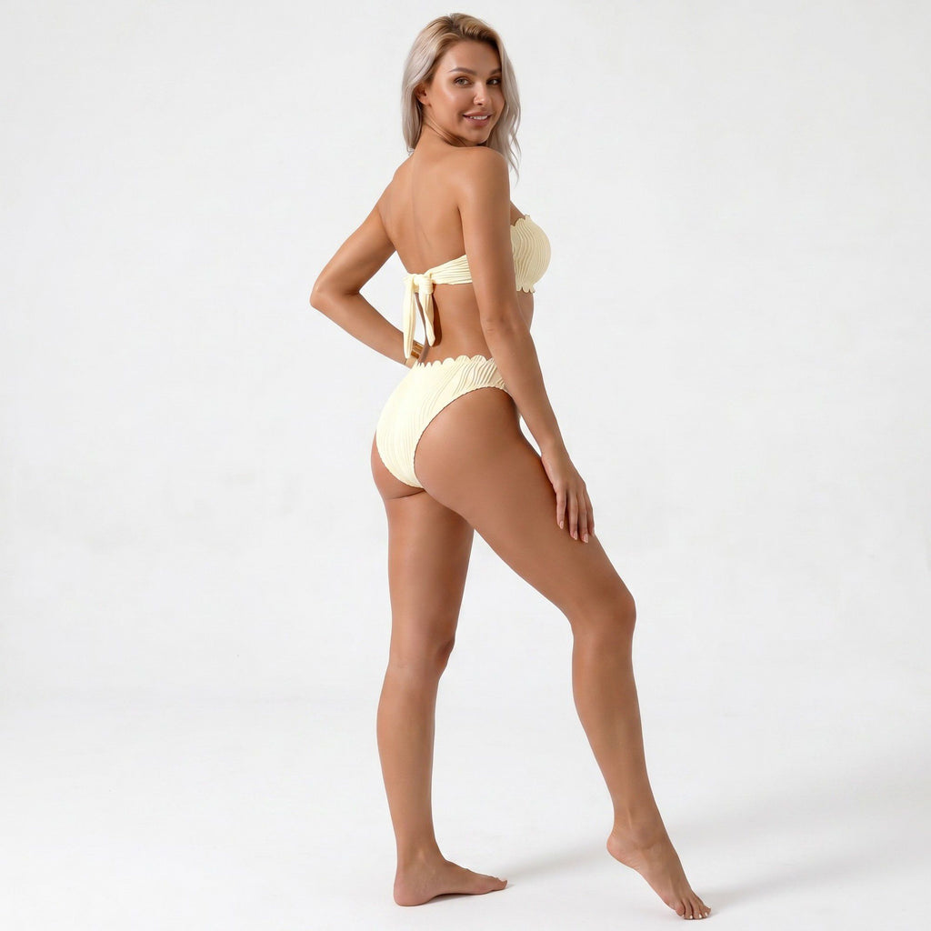 Anna-Kaci Swim Women's Bandeau Bikini Set with Textured Pleated Fabric and Scalloped Trim