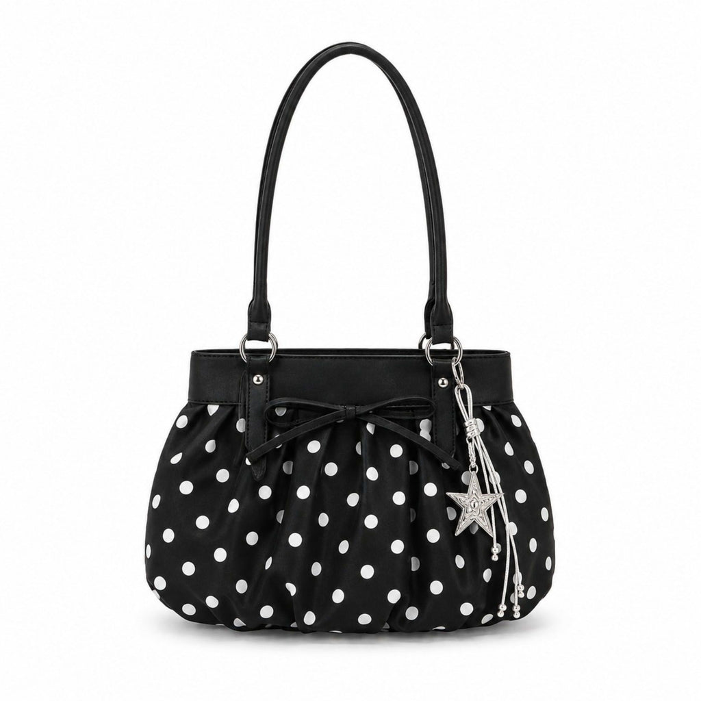 White shoulder bag with polka dot, denim and ruched