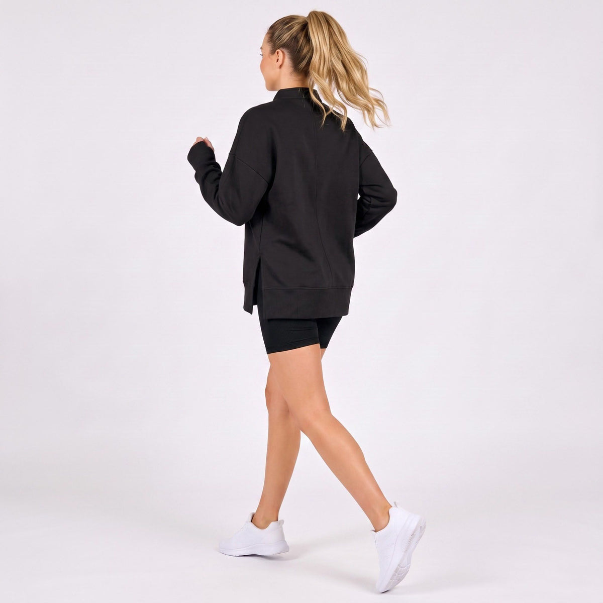 Quarter Zip Mock Neck Long Sleeve Tunic Sweatshirt with Side Slits