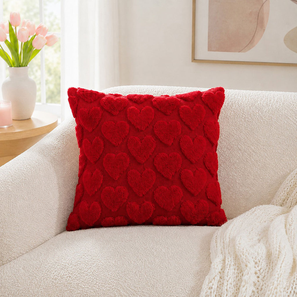 Plush Heart Textured Throw Pillow Cover for Couch Bed and Chair