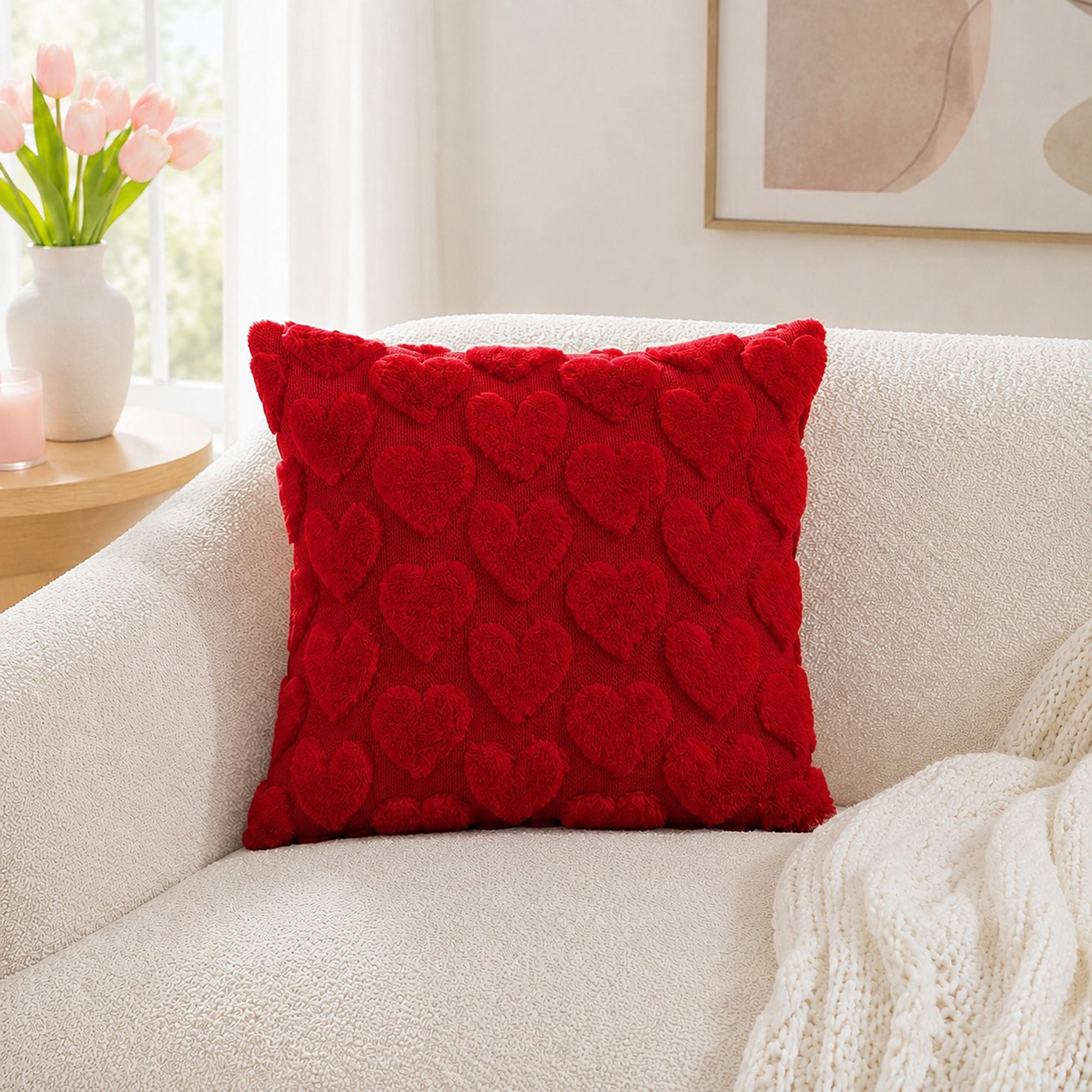 Plush Heart Textured Throw Pillow Cover for Couch Bed and Chair