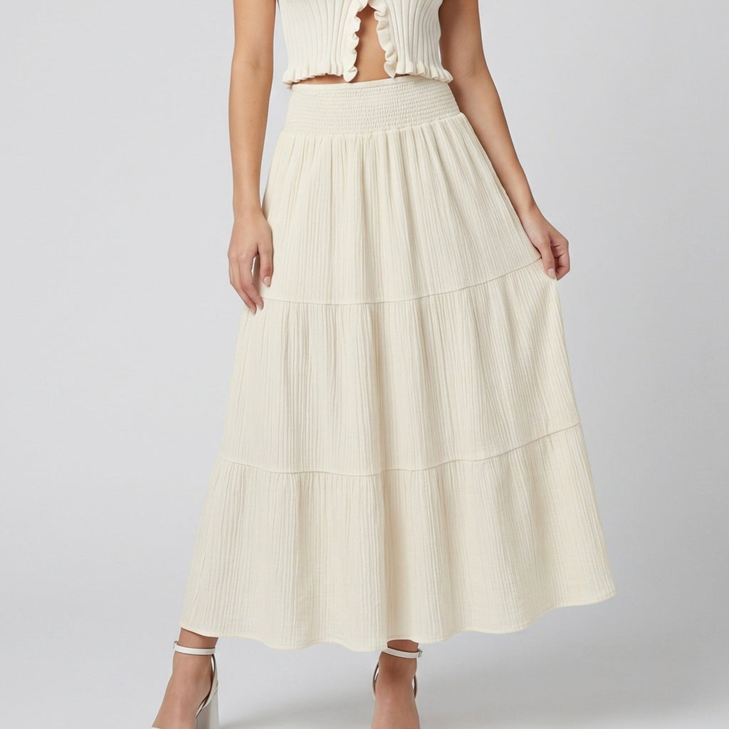 High Waist Smocked Tiered Maxi Skirt Boho Flowy Textured Long Skirt