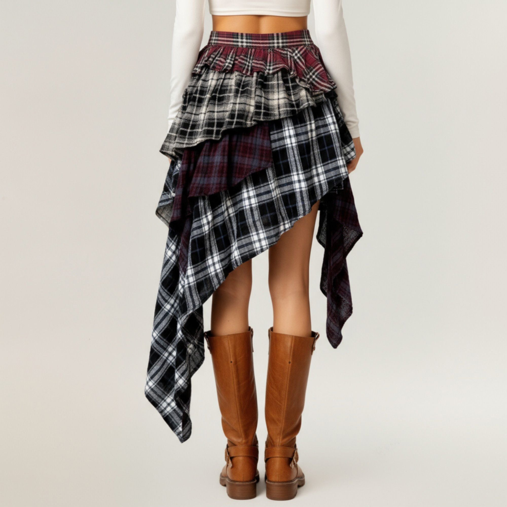 Women's High Waist Plaid Ruffle Mini Skirt Asymmetric Layered Hem