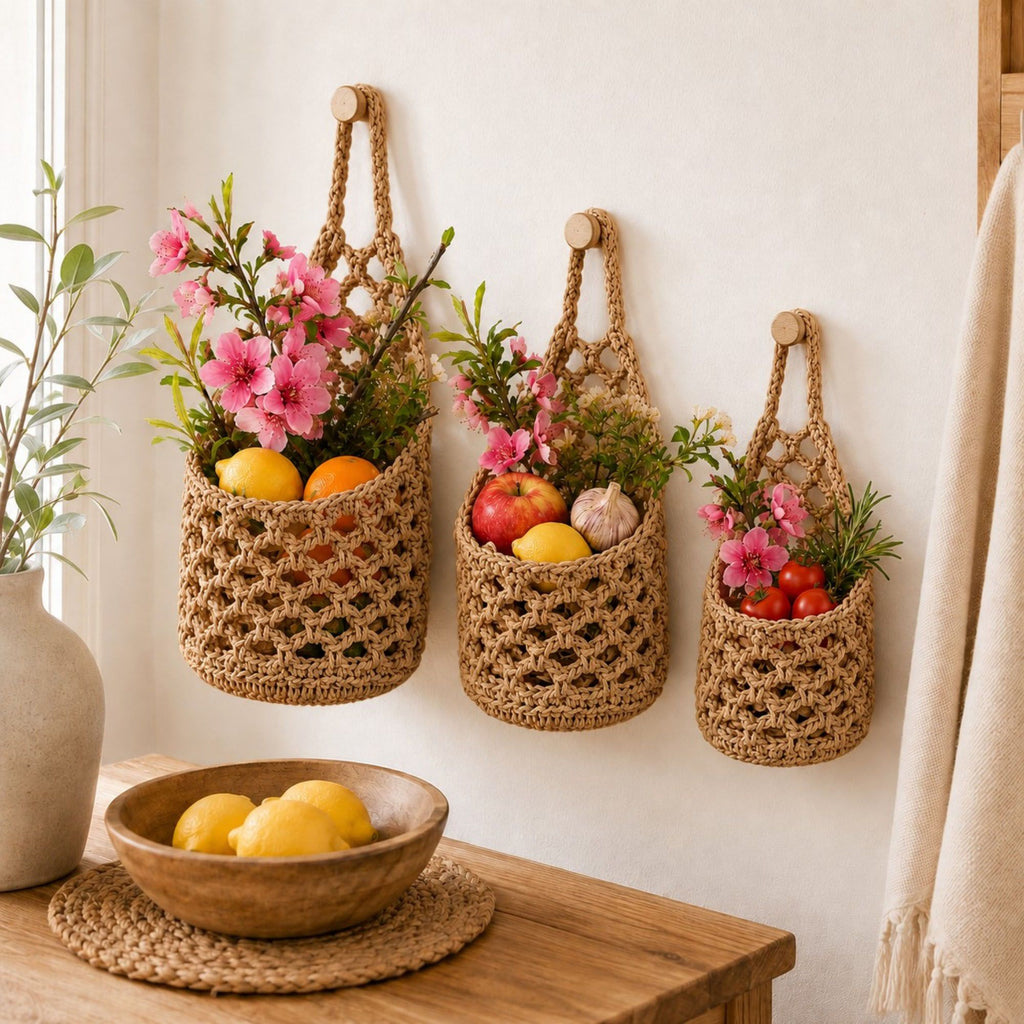 Woven Hanging Basket Set for Fruit Produce and Wall Storage