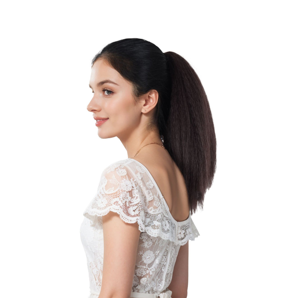 12-Inch Yaki Straight Ponytail Extension Fluffy Thick Drawstring Synthetic Hairpiece with Adjustable Clips for Women