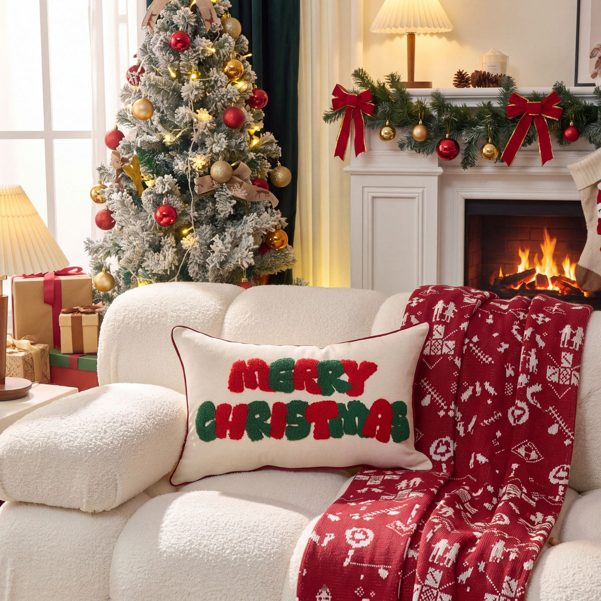 Merry Christmas Tufted Lumbar Throw Pillow Cover Holiday Decorative Accent