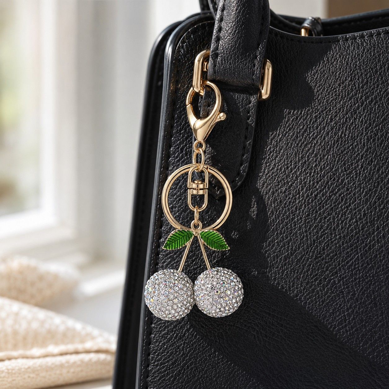 Rhinestone Cherry Bag Charm Keychain with Gold-Tone Lobster Clasp
