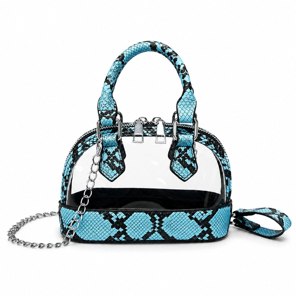 Clear PVC Mini Crossbody Satchel Bag with Print Trim and Chain Strap
