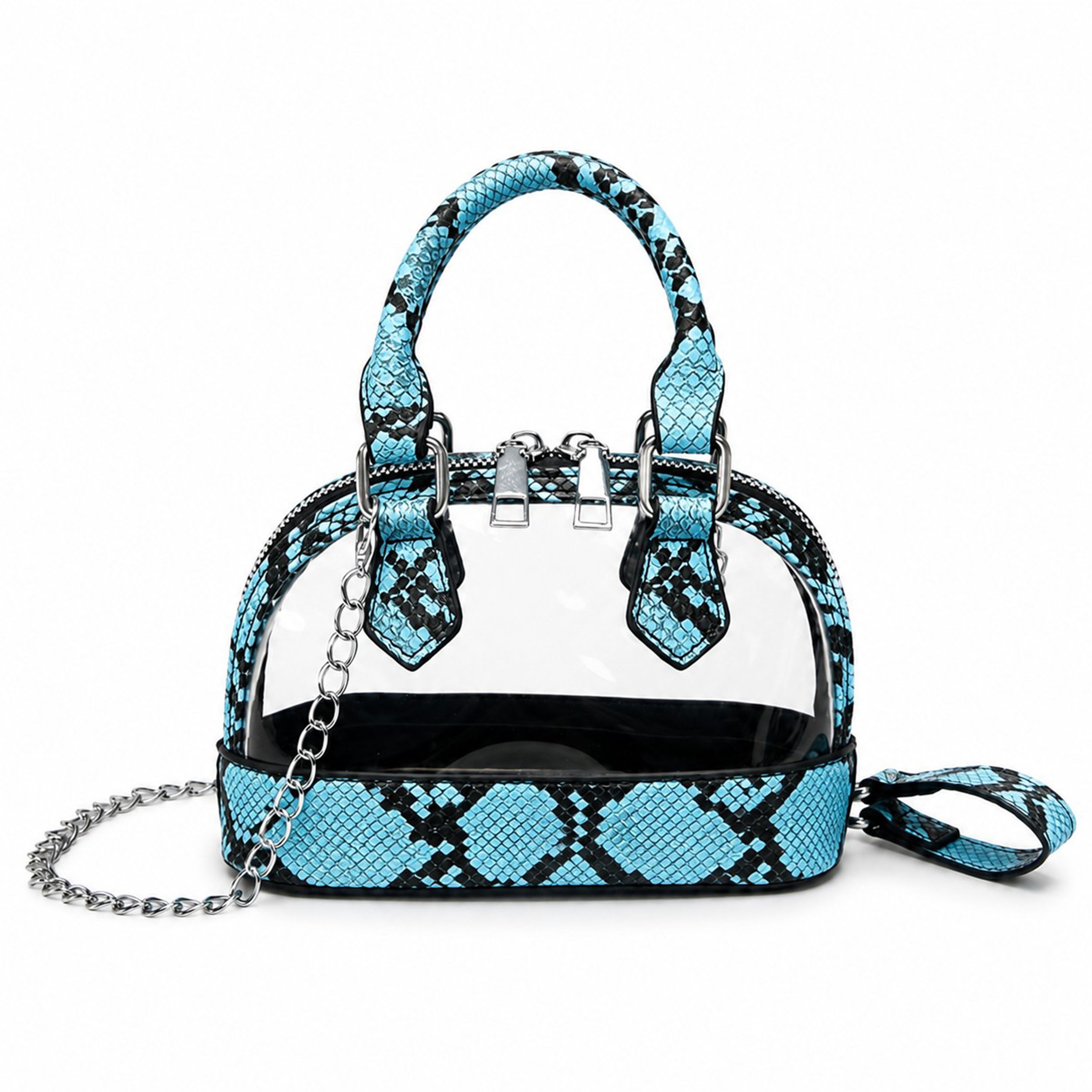 Clear PVC Mini Crossbody Satchel Bag with Print Trim and Chain Strap