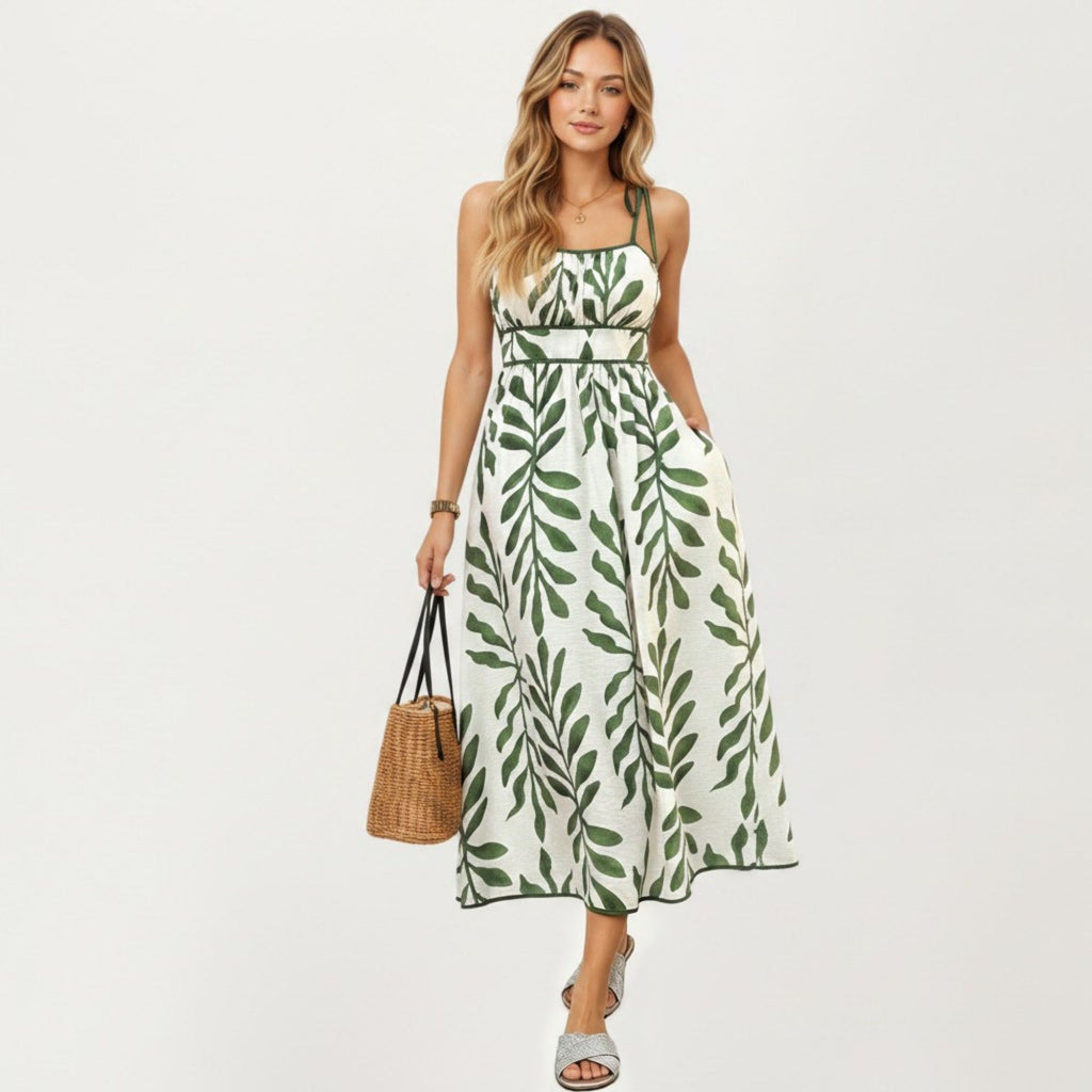 Anna-Kaci Women's Sleeveless Midi Dress with Leaf Print Tie Shoulder Straps Smocked Back Flowy A-Line Silhouette