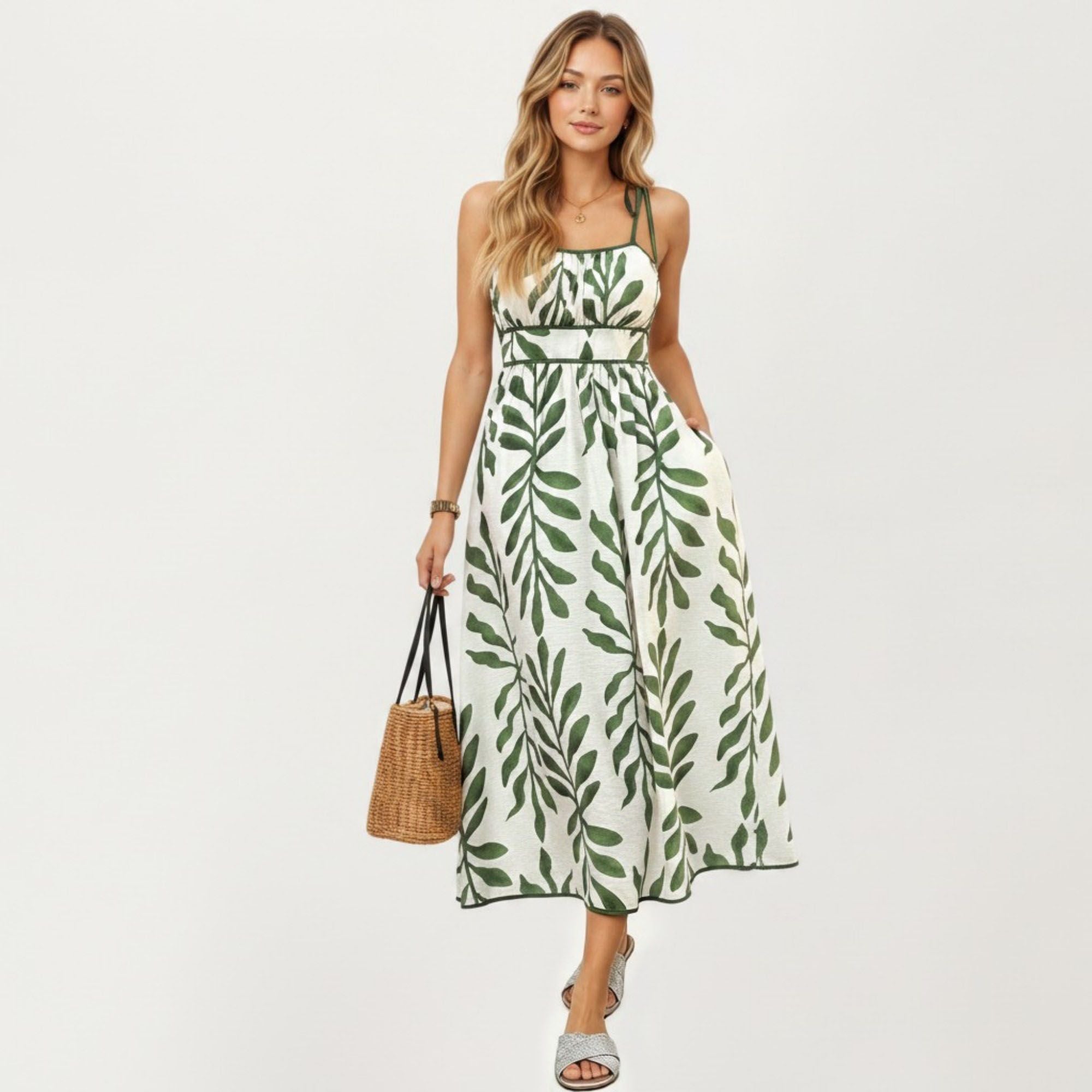 Anna-Kaci Women's Sleeveless Midi Dress with Leaf Print Tie Shoulder Straps Smocked Back Flowy A-Line Silhouette