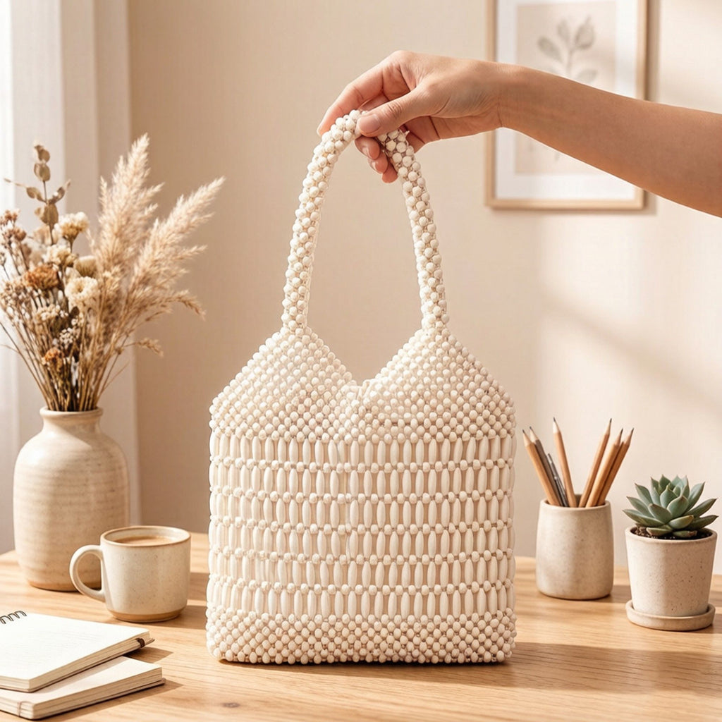 Beaded Tote Bag Structured Wooden Bead Handbag Open Weave Large Shoulder Bag Lightweight Carryall Purse