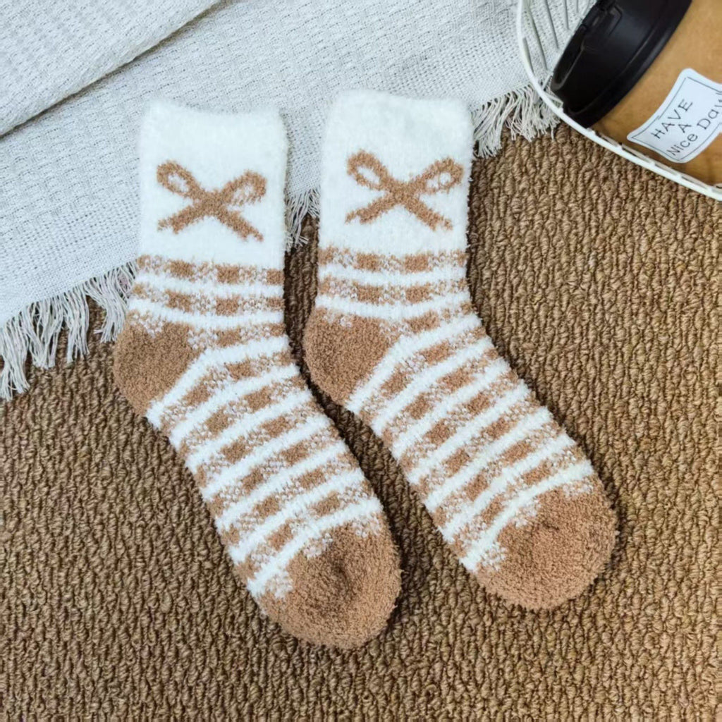 Anna-Kaci 3-Pair Fuzzy Bow Knit Crew Socks Set with Plush Soft Texture, Stretchy Cozy Fabric, and Graphic Bow Pattern for Gifting