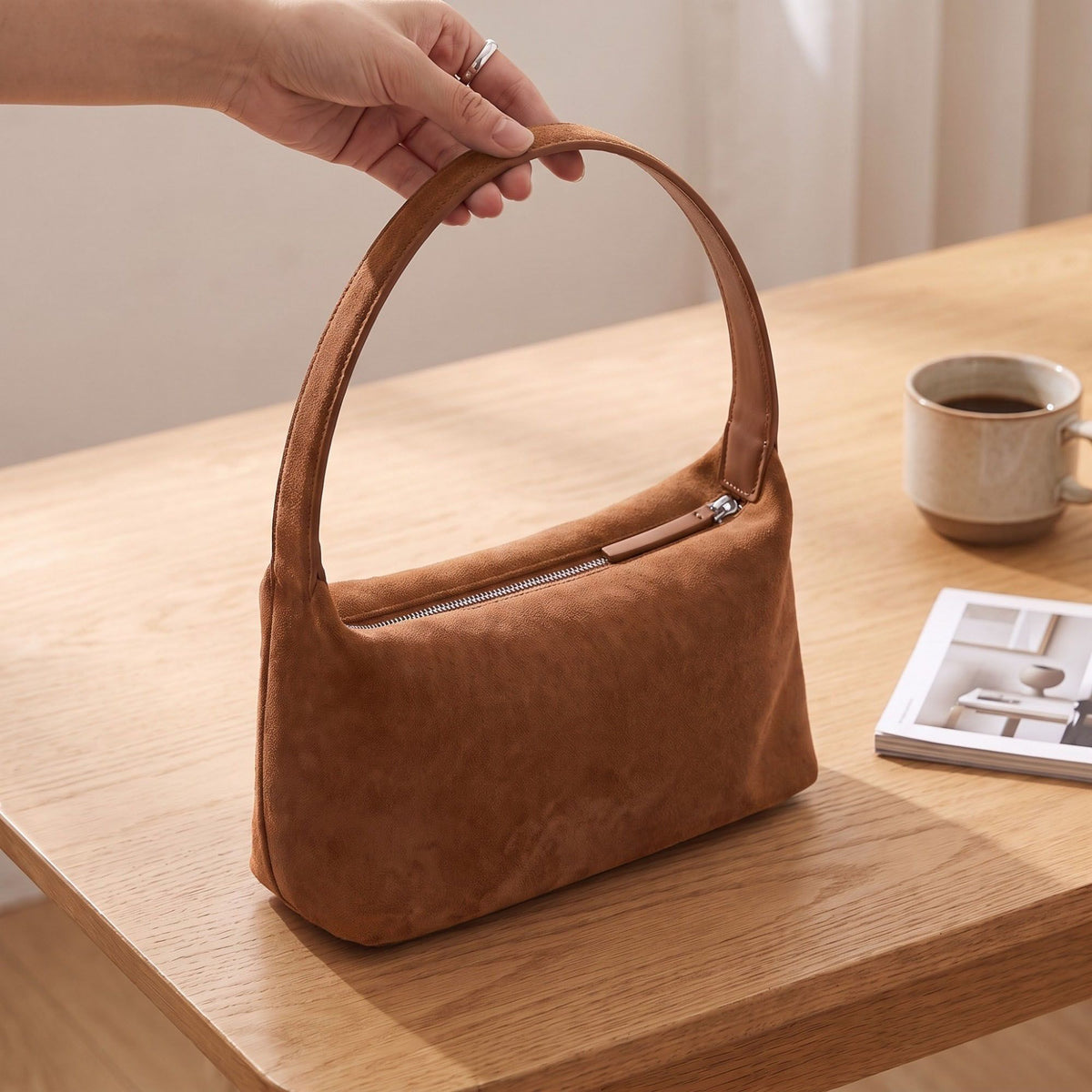 Faux Suede Shoulder Bag with Zipper Closure