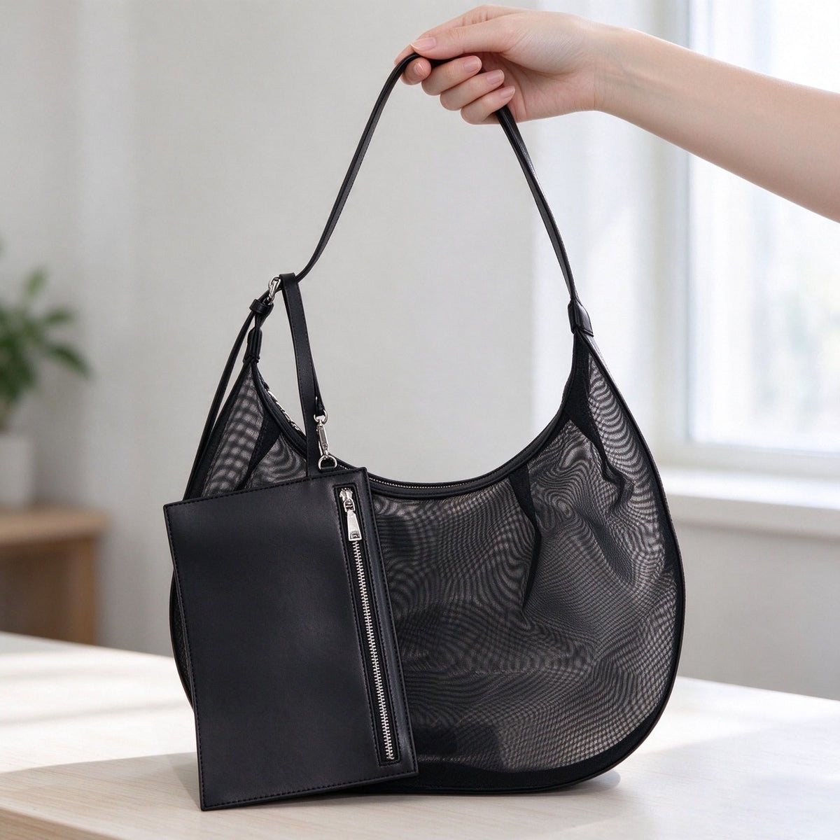 Mesh Hobo Shoulder Bag with Removable Zip Pouch and Adjustable Strap