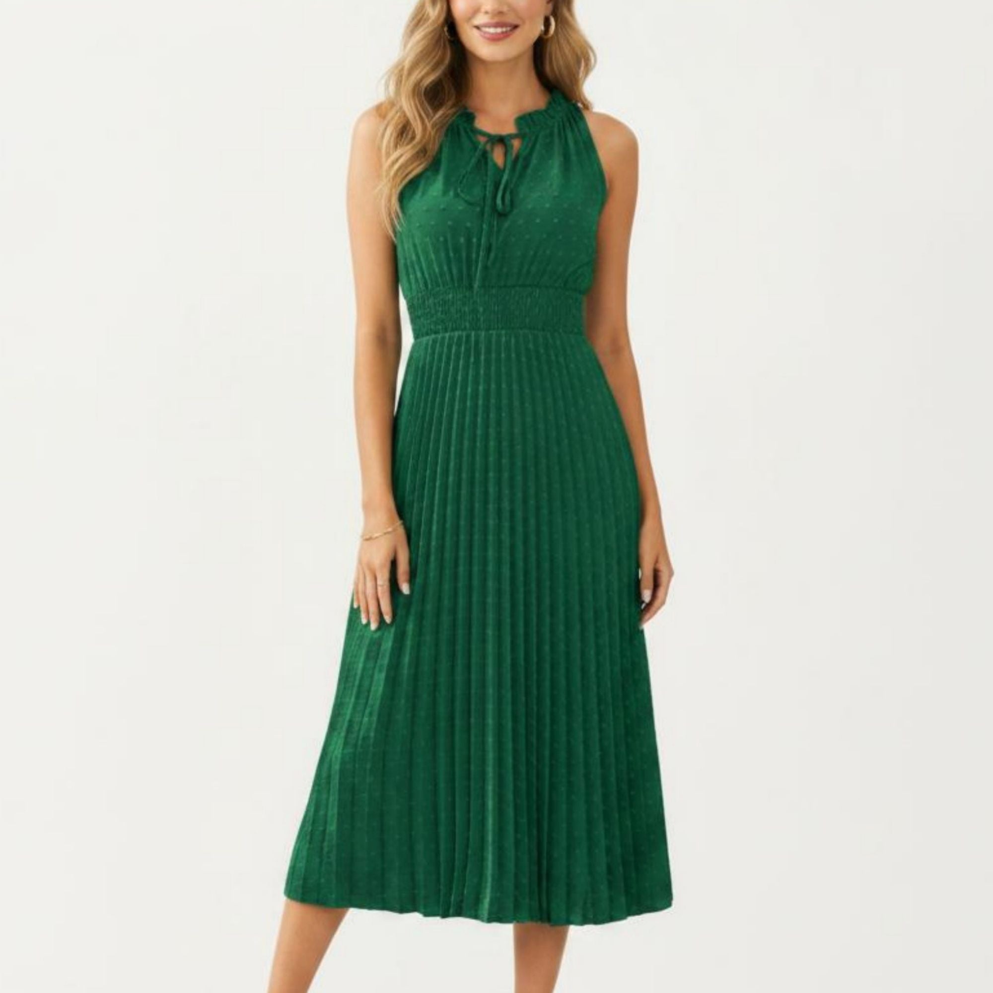 Anna-Kaci Women's Sleeveless Midi Dress with Pleated Skirt and Tie Neck Detail