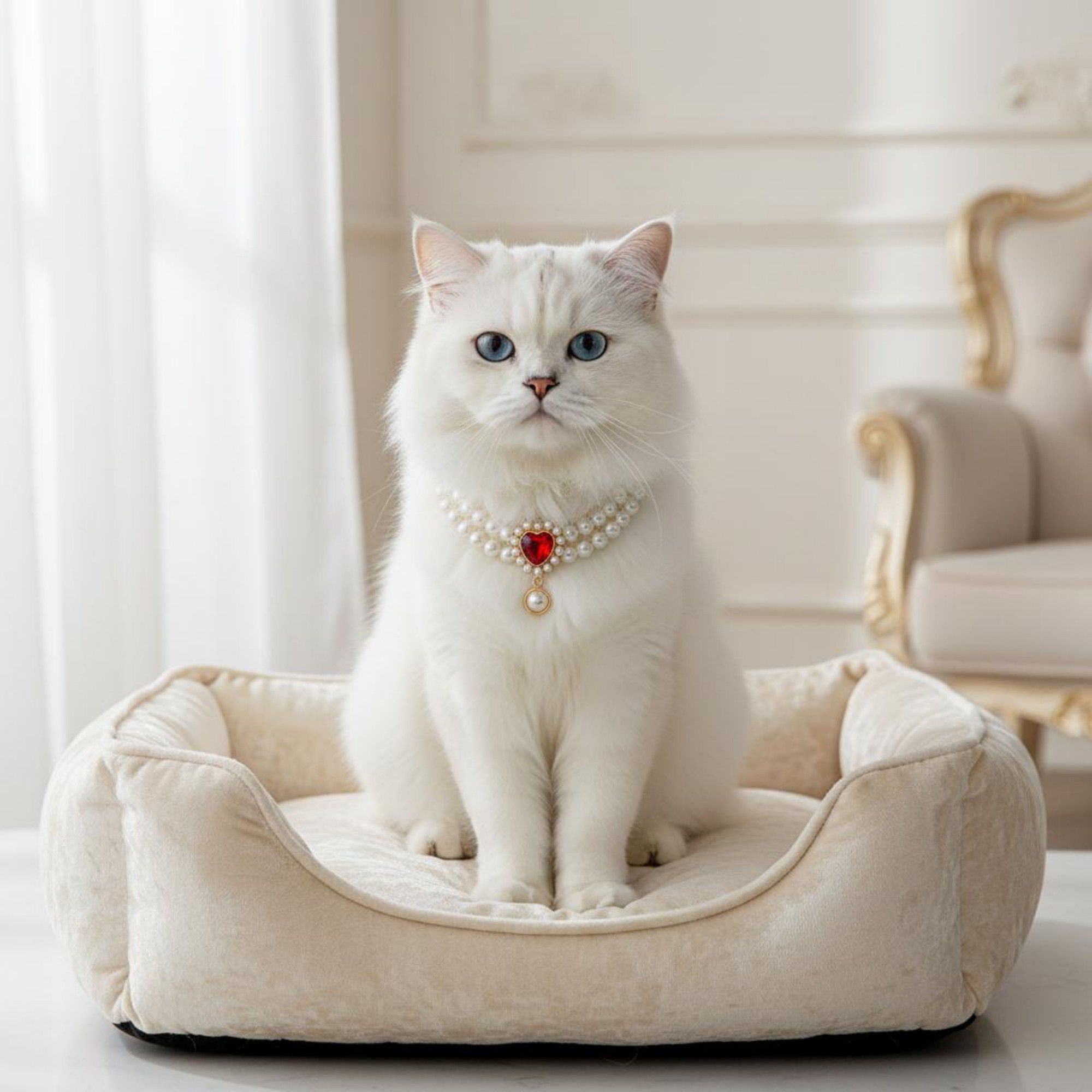 Double Strand Faux Pearl Pet Necklace Heart Gem Pendant Adjustable Collar Jewelry for Cats and Small Dogs