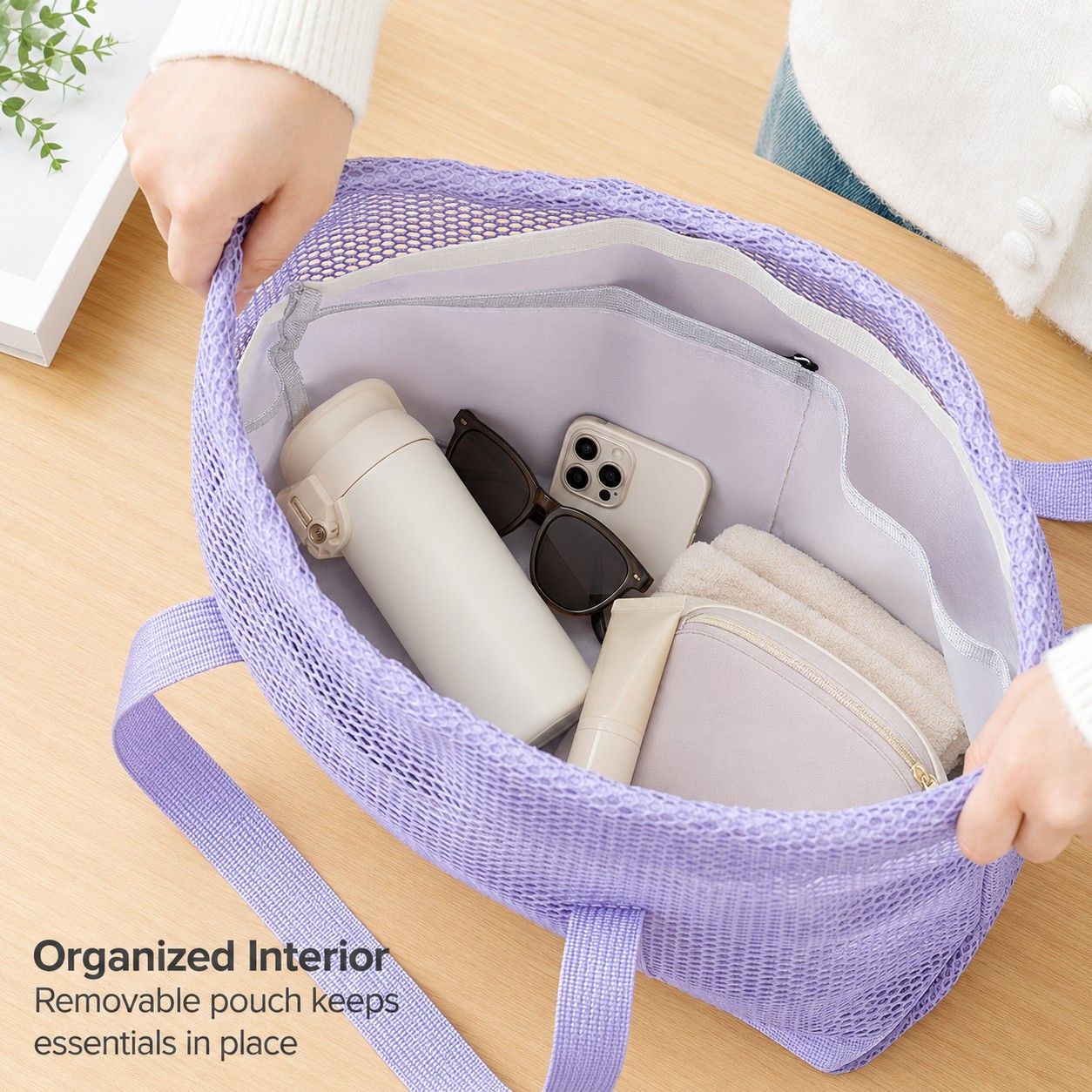 Mesh Drawstring Tote Bag with Carry Handles and Organizer Pouch