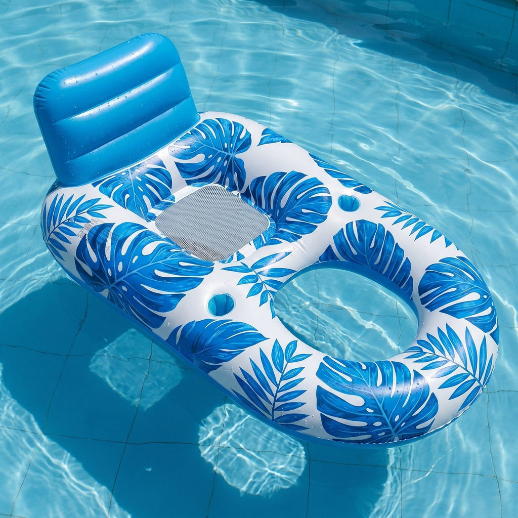 Tropical Leaf Inflatable Pool Lounge Float with Backrest Mesh Seat Cup Holder Durable PVC Float for Pool Beach Lake 63x47x27.5in
