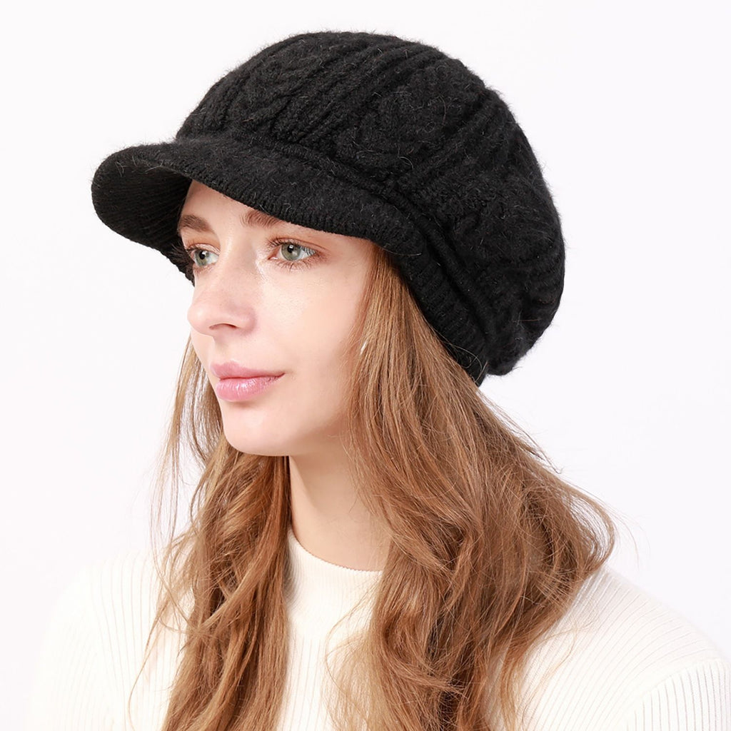 Cable Knit Brim Beanie Faux Fur Lined Warm Winter Hat