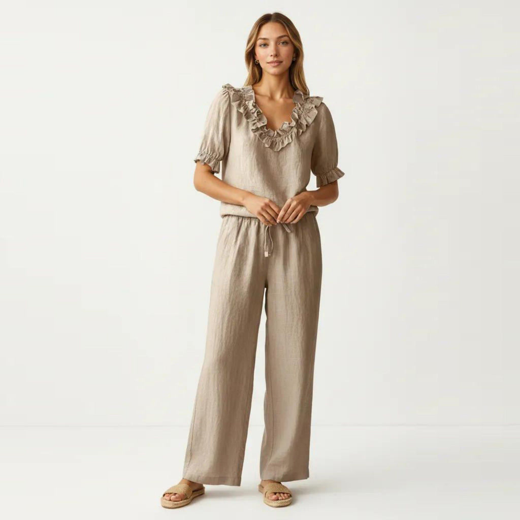 Anna-Kaci Women's Ruffle Neck Blouse with Short Puff Sleeves and Textured Linen-Like Fabric