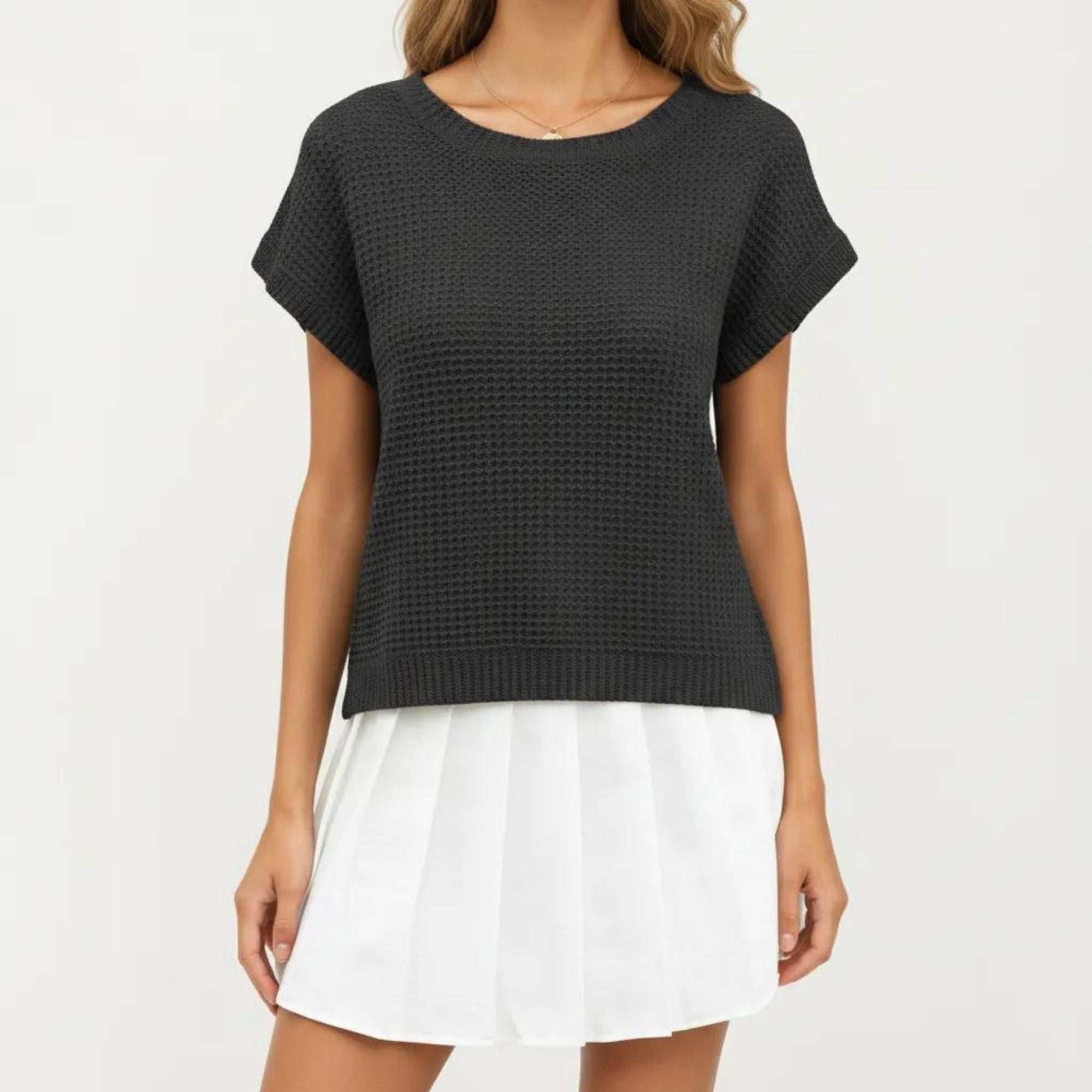 Anna-Kaci Women's Short Sleeve Textured Knit Top with Crew Neck Ribbed Trim and Relaxed Fit