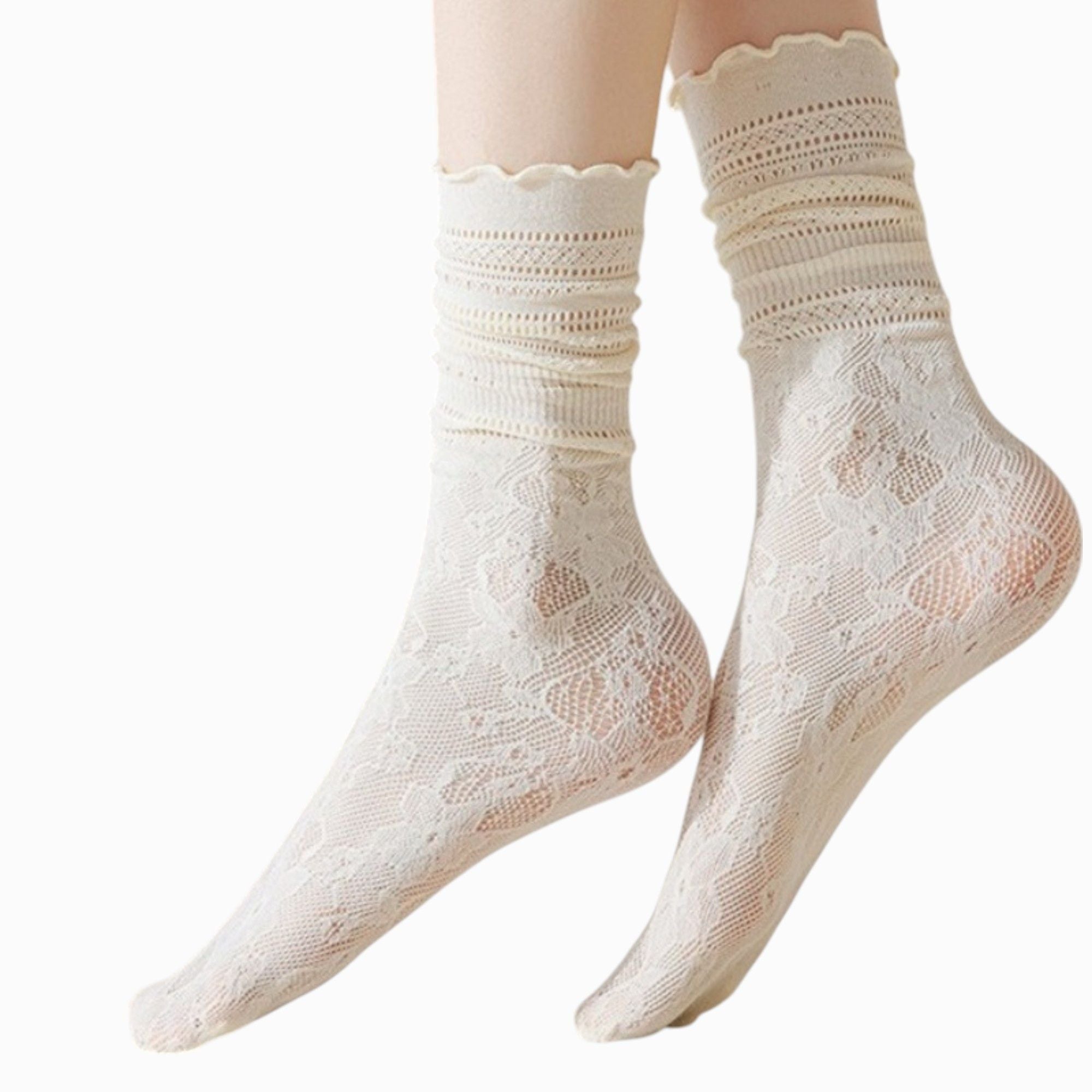 Anna-Kaci Women's Lace Liner Socks with Elastic Cuff and Floral Mesh Detail Soft Stretch 2-Pack