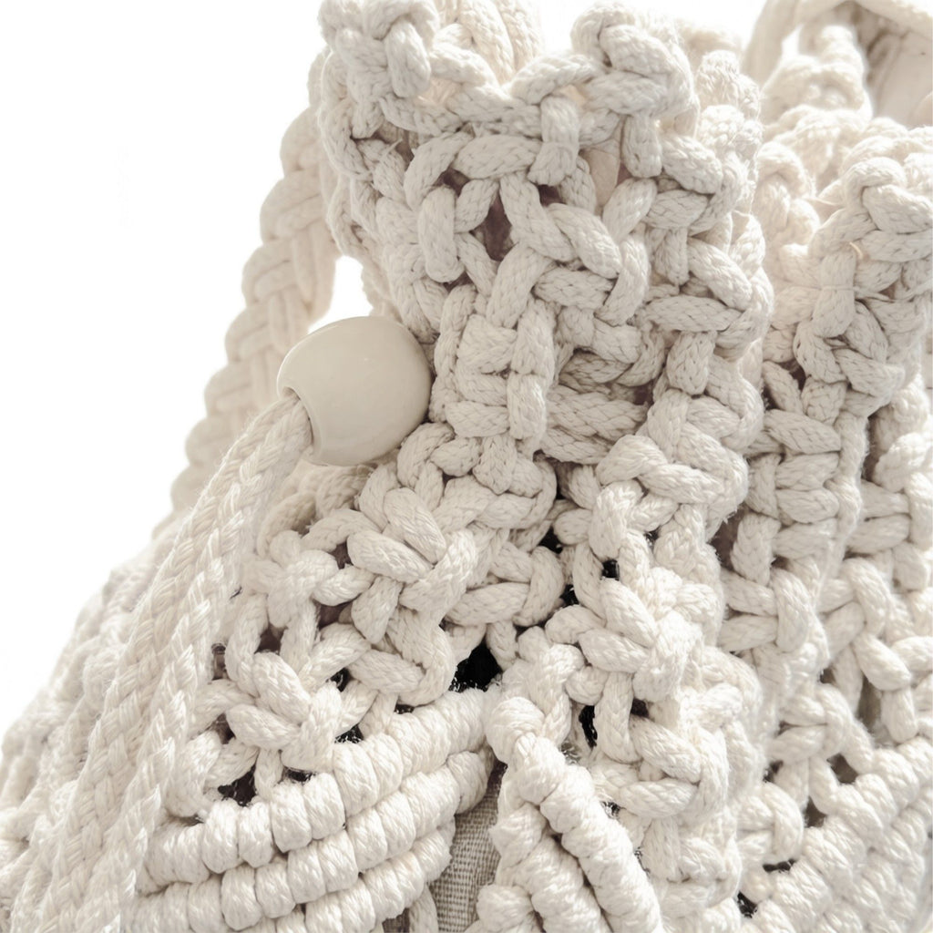 Macrame Bucket Bag Knotted Rope Handbag Drawstring Shoulder Bag Textured Woven Crossbody Style Lightweight Boho Purse
