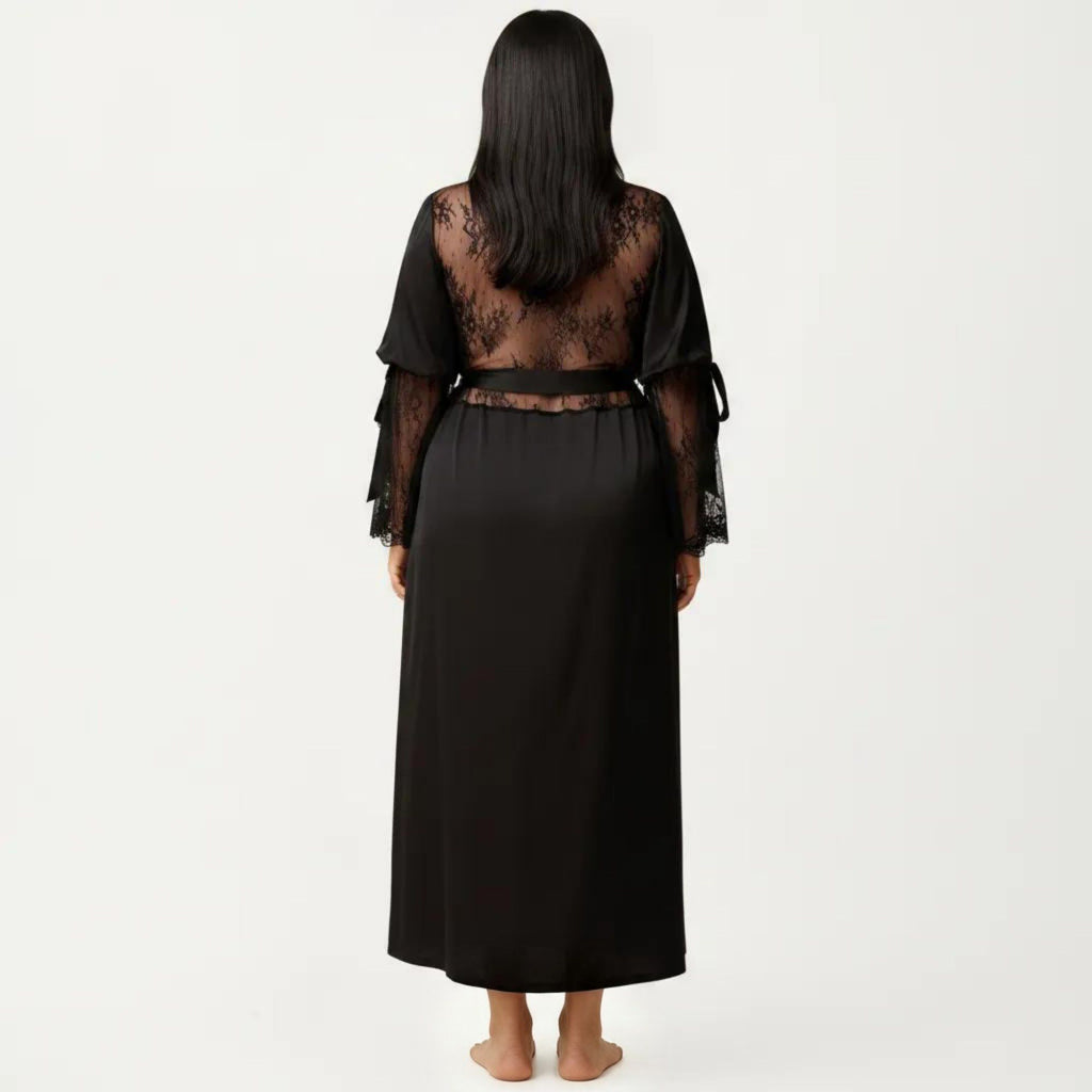 Anna-Kaci Lounge Women's Plus Size Long Satin Robe Lace Sleeve Wrap Nightgown Belted Kimono Sleepwear