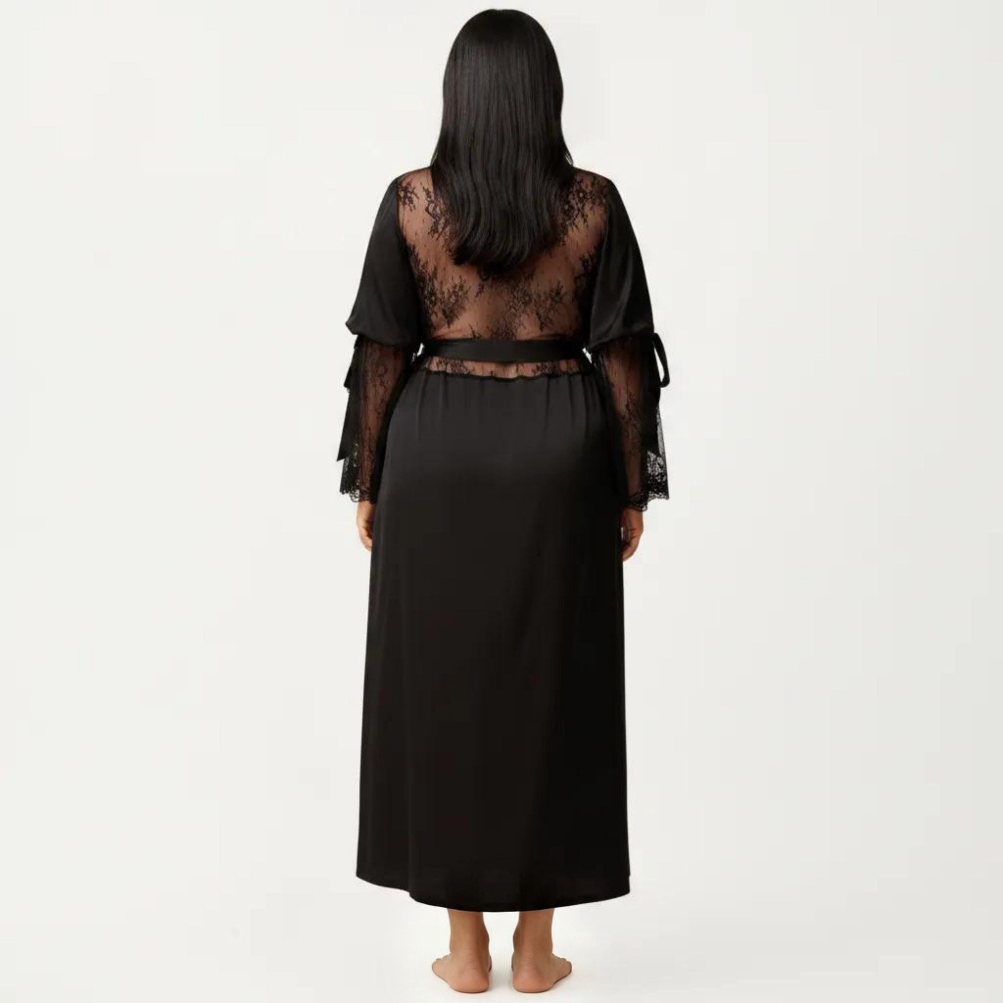 Anna-Kaci Lounge Women's Plus Size Long Satin Robe Lace Sleeve Wrap Nightgown Belted Kimono Sleepwear