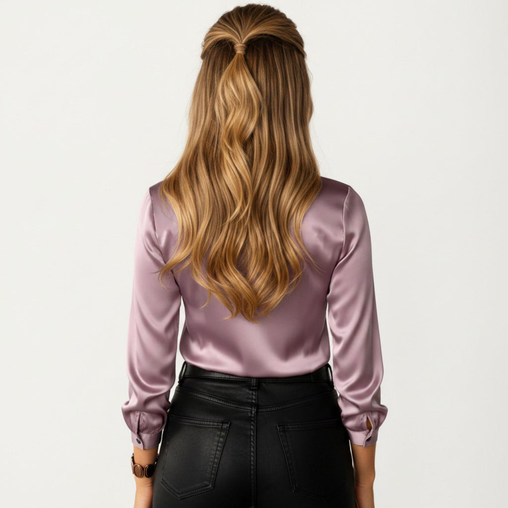 Anna-Kaci Women's Satin Button Down Blouse with Collared Neckline and Three Quarter Sleeves