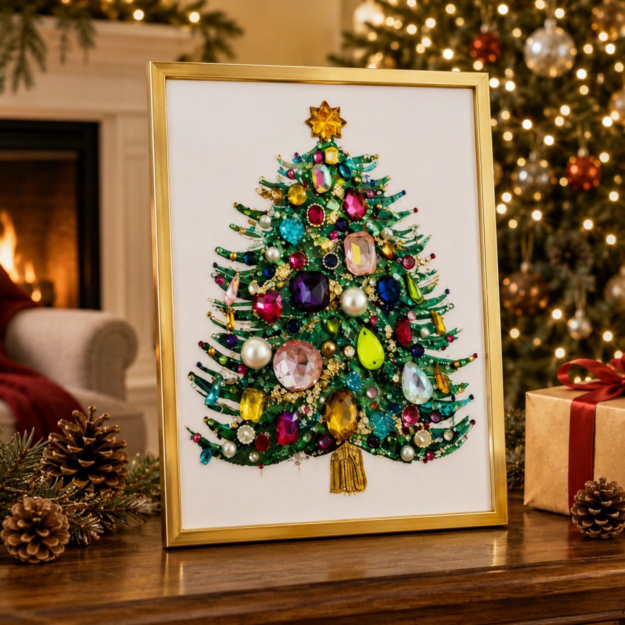 DIY Jeweled Christmas Tree Art Kit with Frame and Craft Supplies