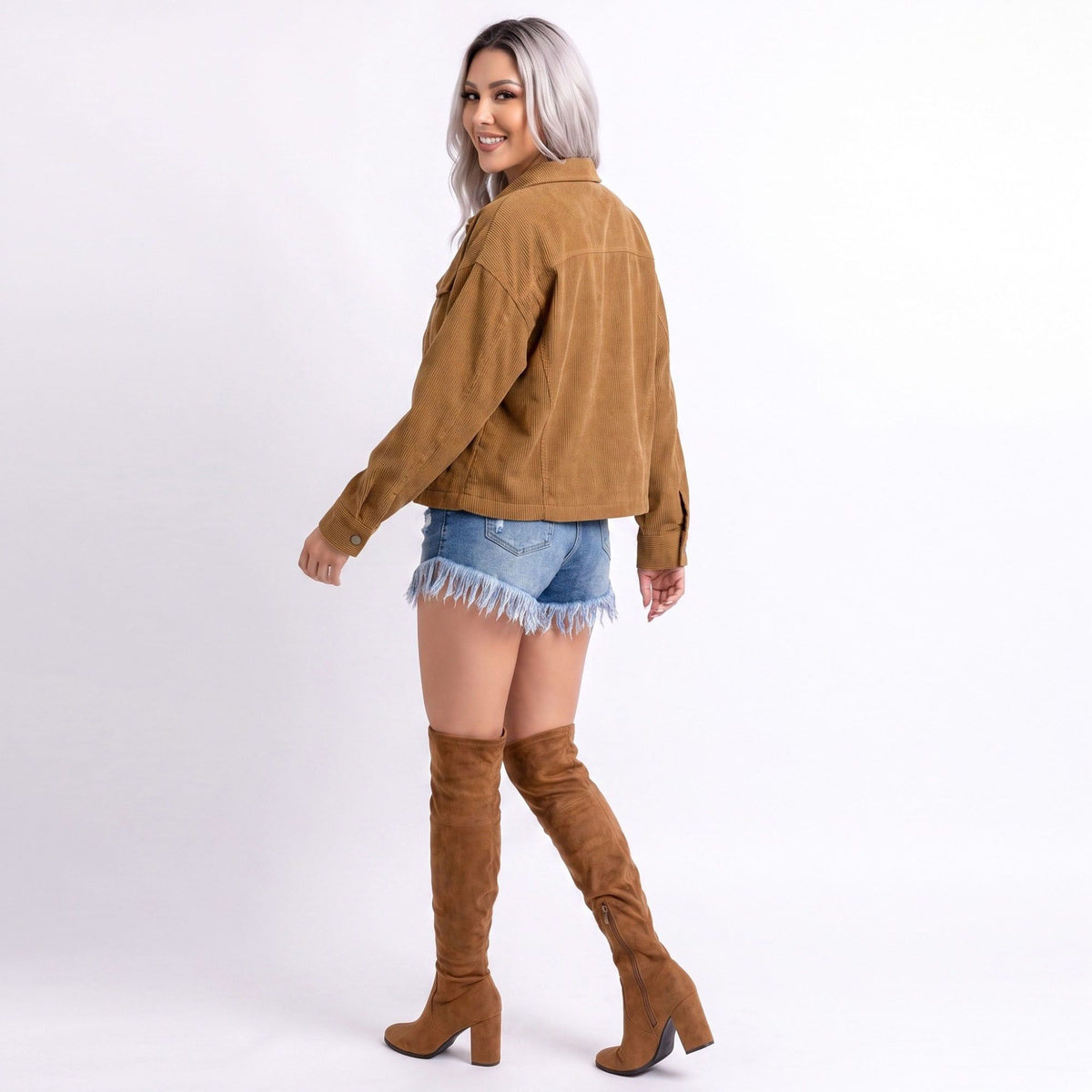 Cropped Button Front Shirt Jacket with Patch Pockets