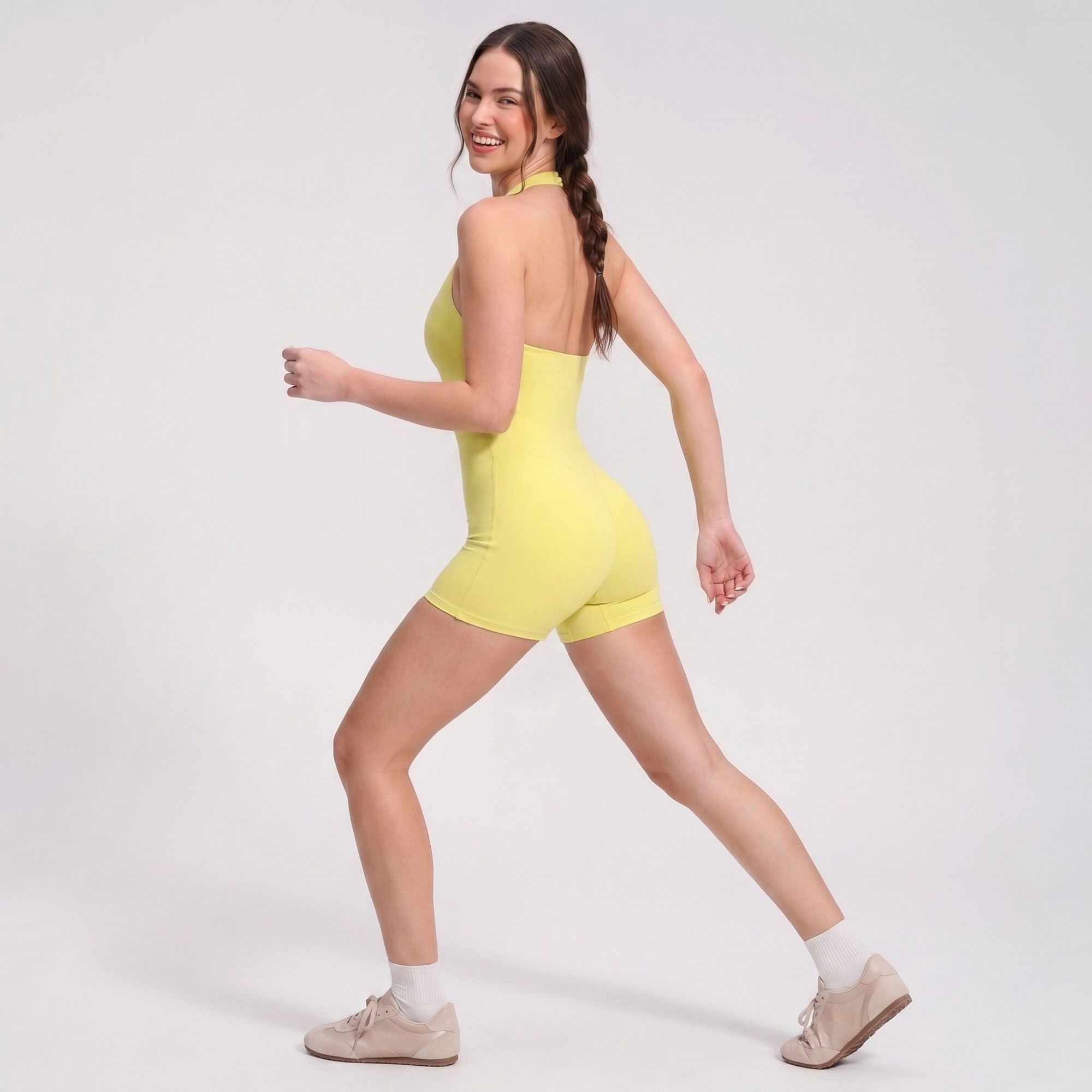 Halter Neck Active Romper Sleeveless Open Back Workout Yoga One Piece Shorts Jumpsuit