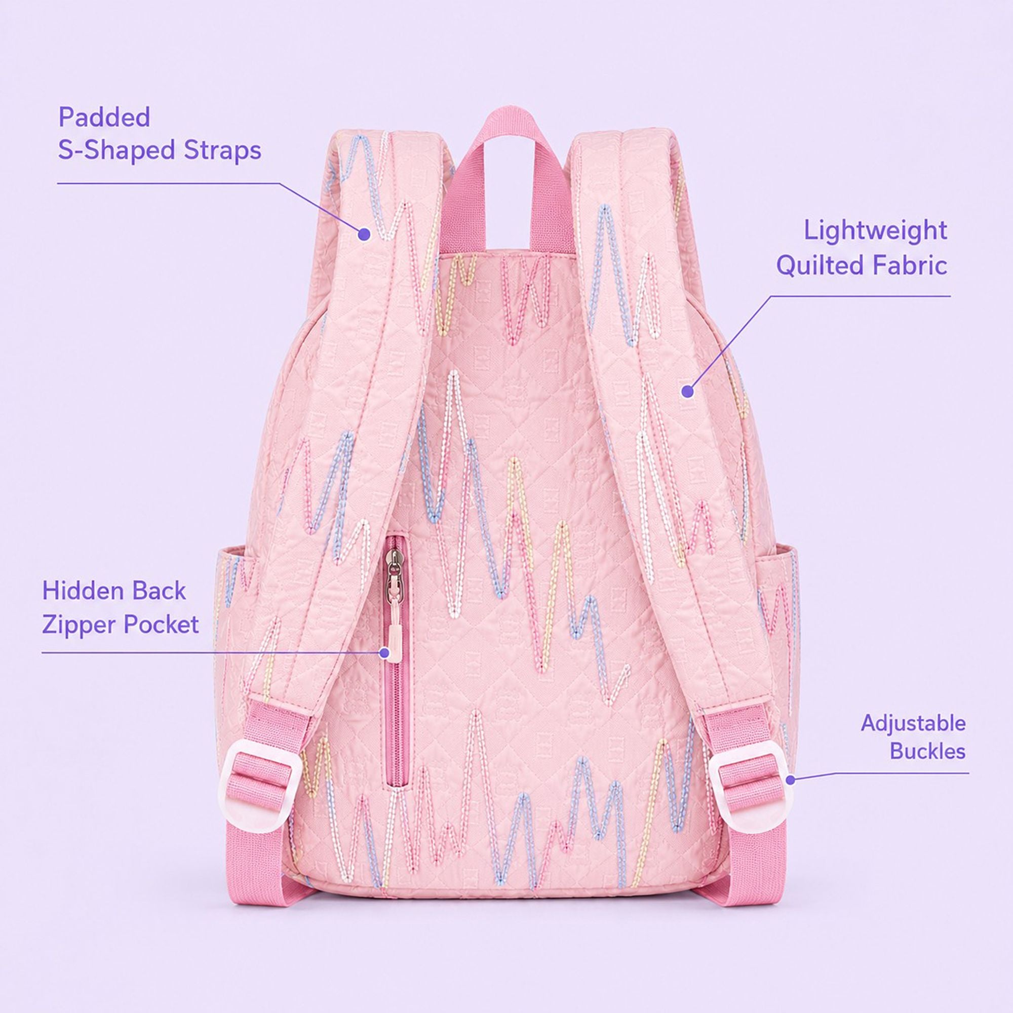 Quilted Backpack with Embroidered Pattern and Multiple Pockets
