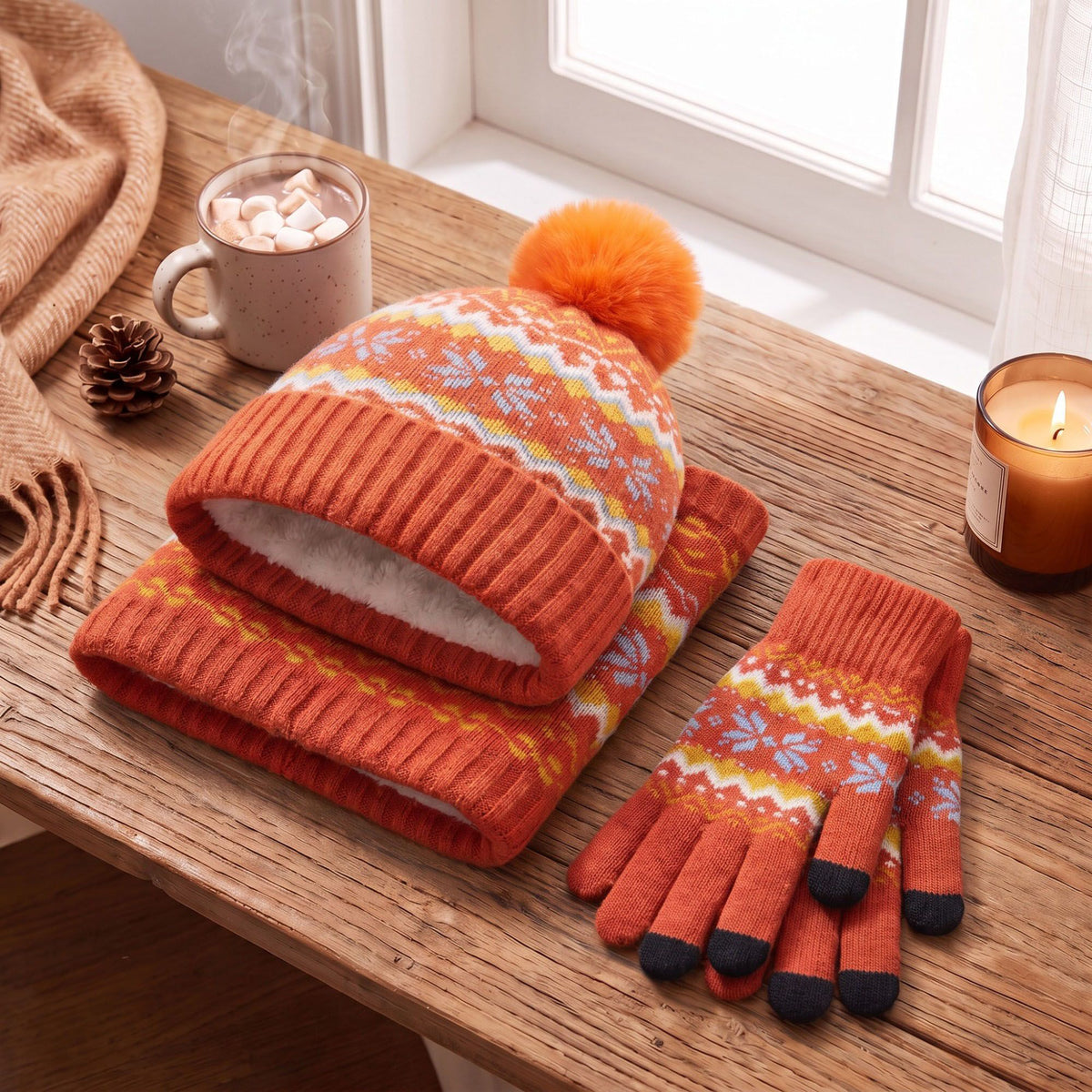 3 Piece Fair Isle Pom Beanie Neck Warmer and Gloves Set