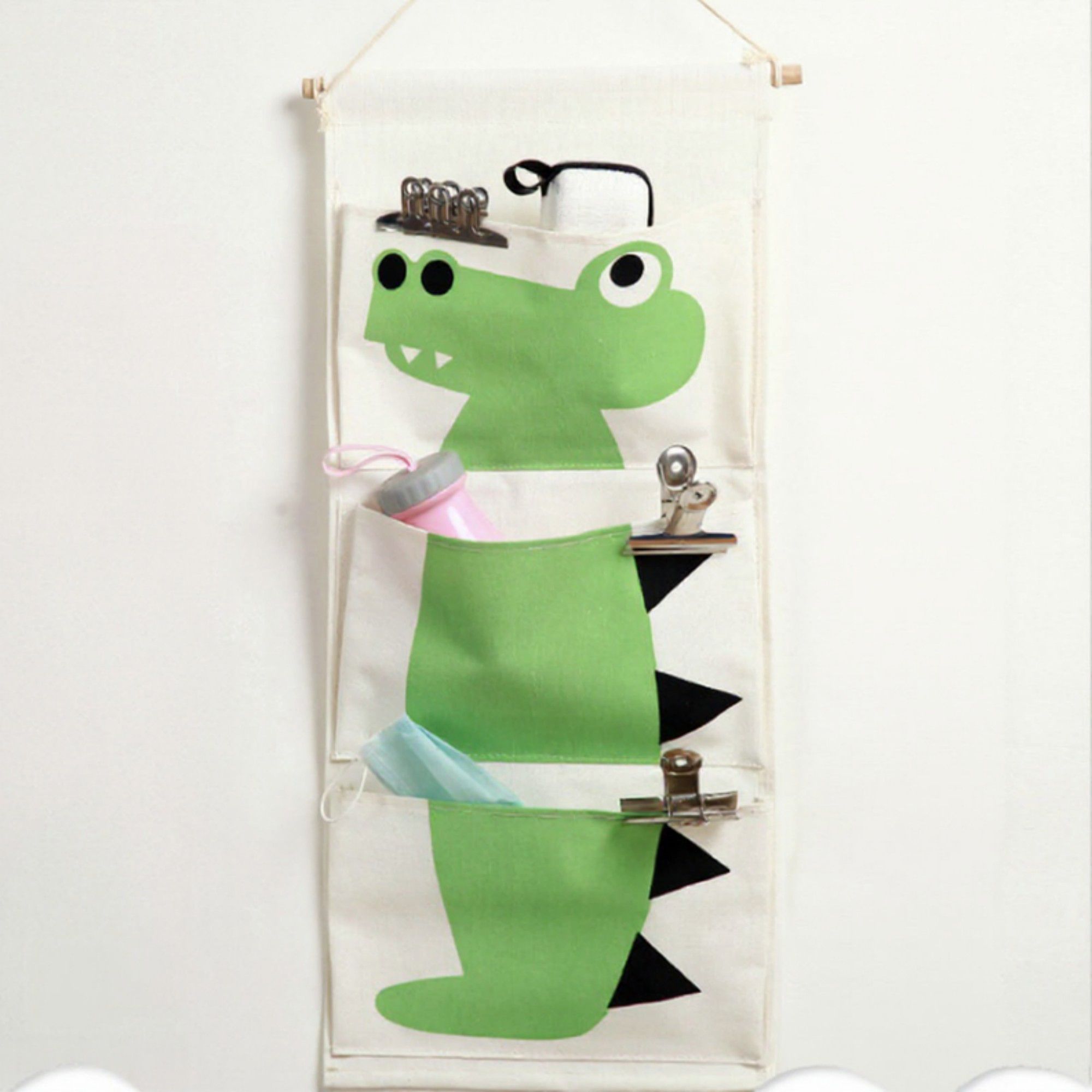 Hanging Canvas Storage Organizer with Cartoon Crocodile Design and Three Pockets 25.5x11.8 in