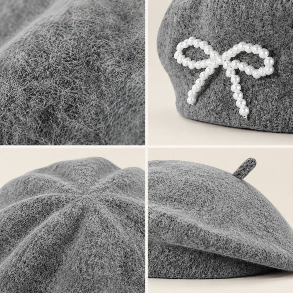 Pearl Bow Embellished Knit Wool Beret