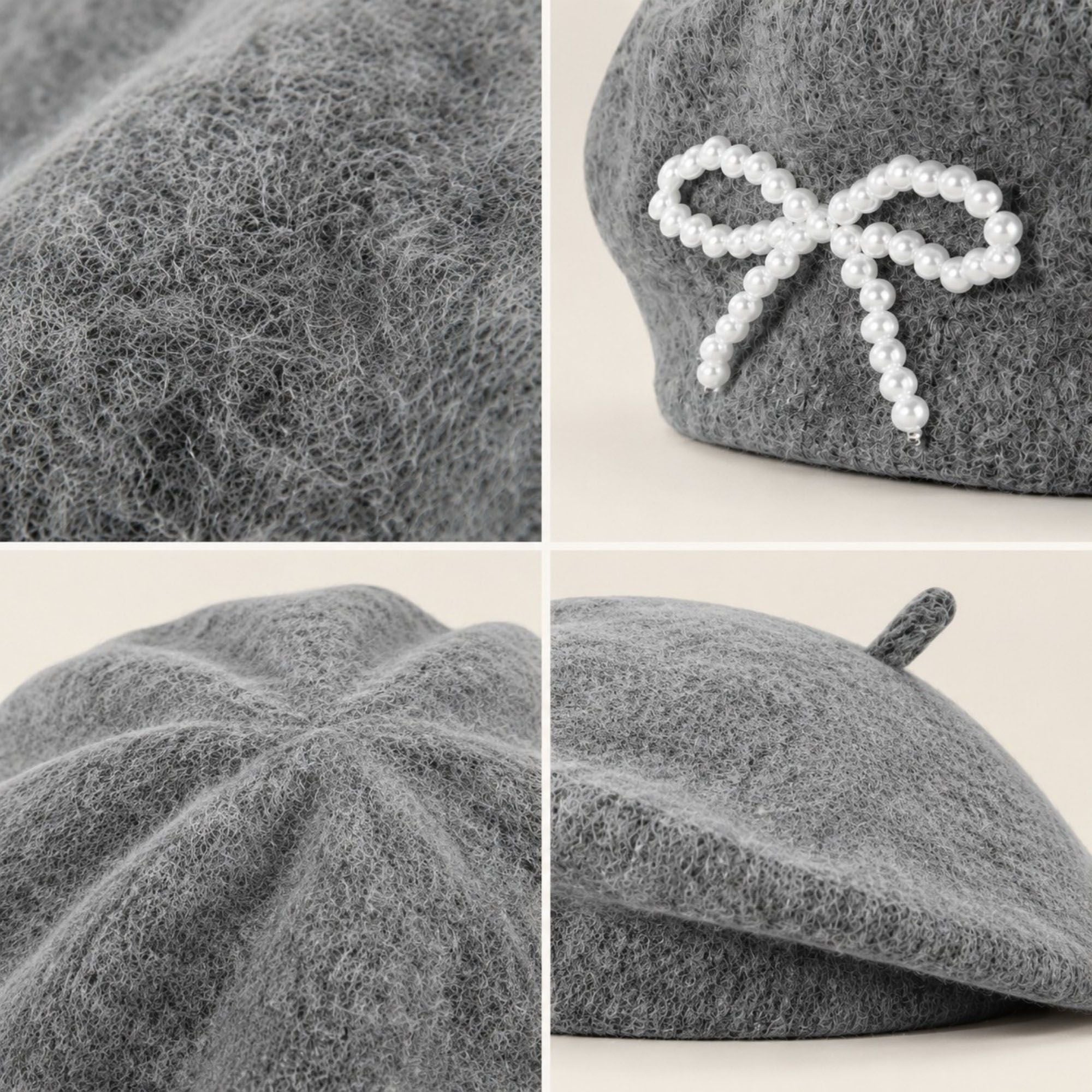 Pearl Bow Embellished Knit Wool Beret